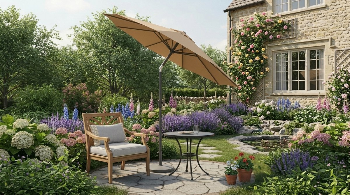 Zweefparasol Depauwonen Ø350 cm - Grote Tuinparasol met Zwengel, UPF 50+ UV-bescherming, Waterafstotend, 40 LED-verlichting op Zonne-energie, Kantelbaar - Balkon, Terras, Zwembad - Zonder Standaard... (9503442323573)