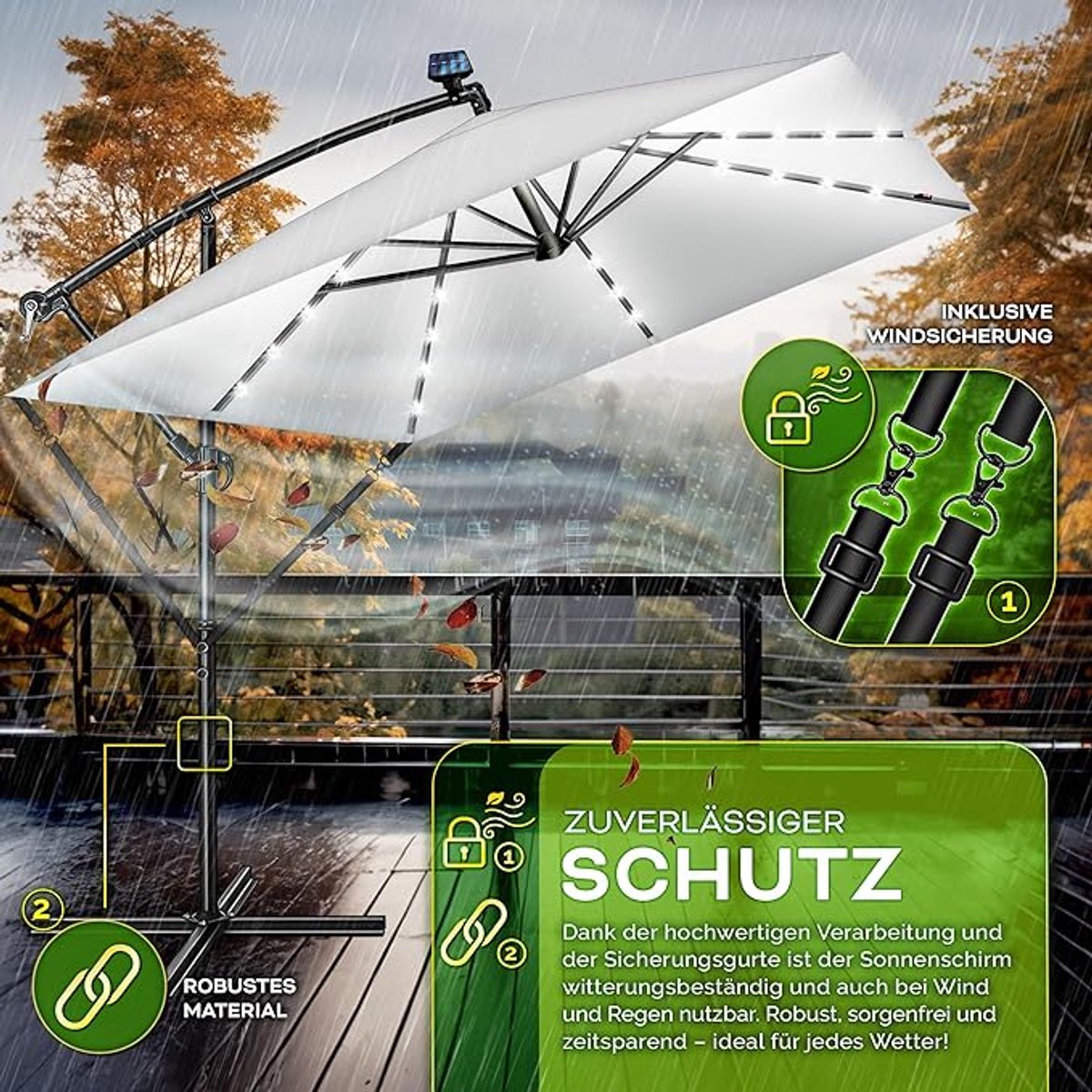 Zweefparasol LED 330 cm - Rechthoekig 235x235 cm - 32 LED Solar Verlichting - 360° Draaibaar & Kantelbaar 90-135° - UPF50+ UV-bescherming - Aluminium Frame - Mobili Bella (9503774142422)