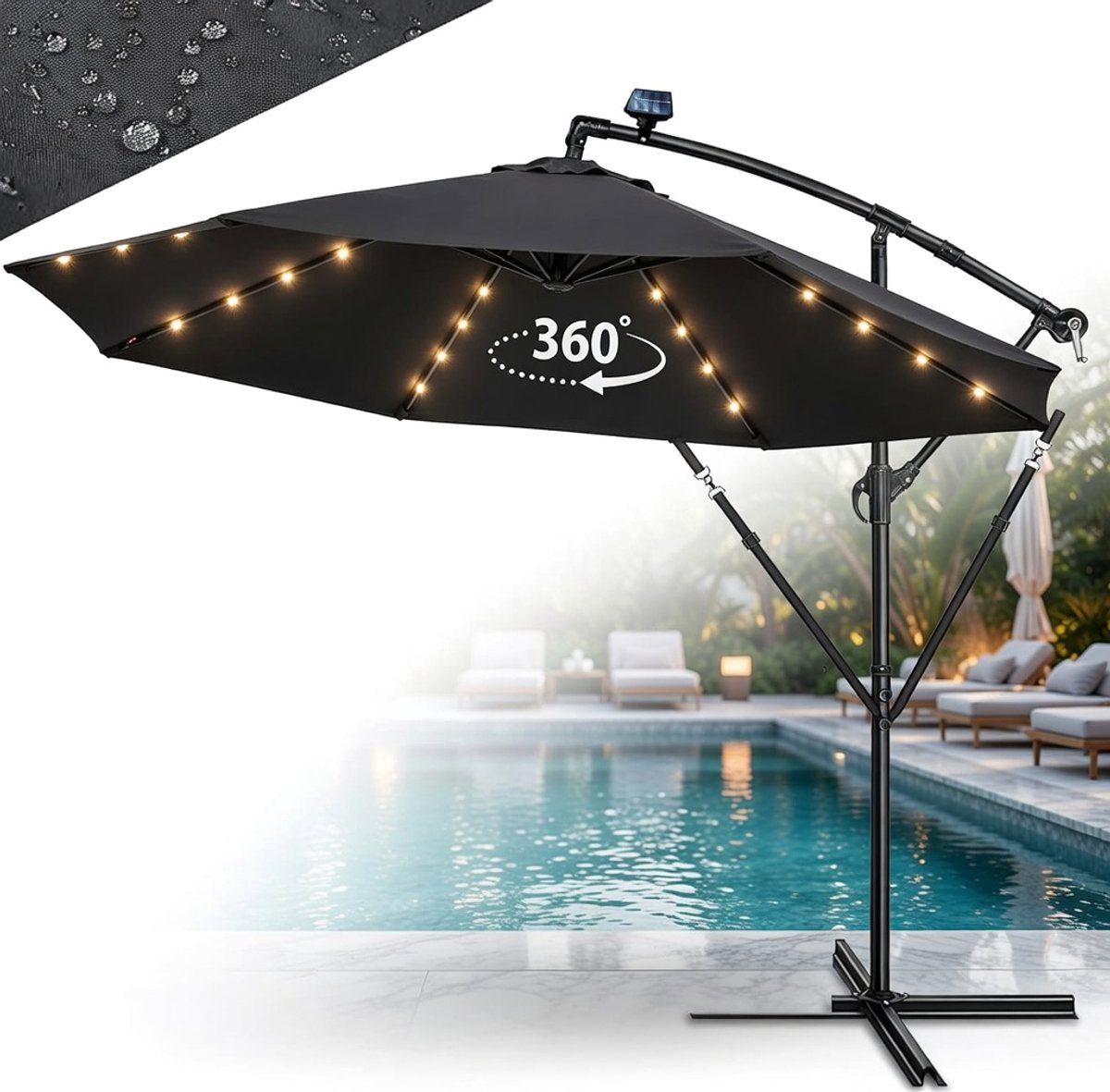Zweefparasol LED Solar Aluminium Ø 350 cm met Zwengel, UPF 50+ UV-bescherming, Inclusief Hoes & Standaard - Luxe Tuinparasol met 32 LED Lampen en Windbestendig Design | medahomestore (9504946459652)