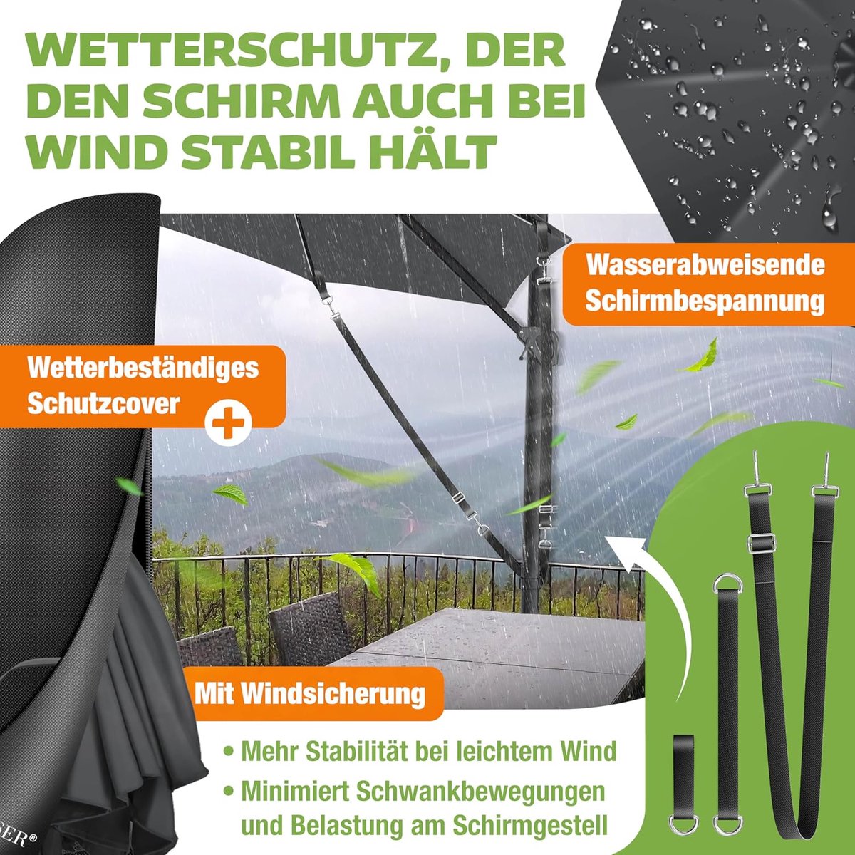 Zweefparasol LED Solar Ø325 cm Rond - 360° Draaibaar & Kantelbaar Aluminium Frame - UV50+ Waterafstotend Polyester - Inclusief Hoes, Windkabels & Handslinger - Antraciet - Mobili Bella (9506489146617)
