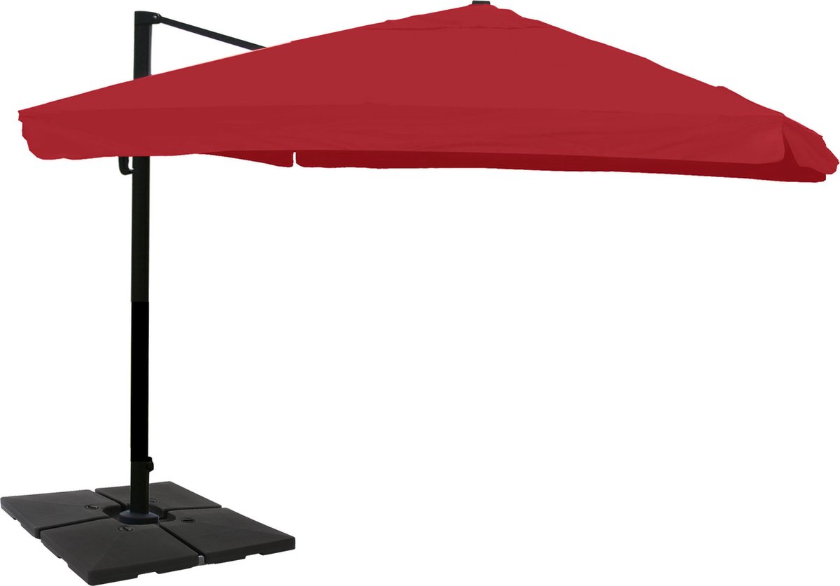 Zweefparasol MCW-A96, 3,5x3,5m (Ø4,95m) polyester/aluminium 25kg ~ Flap, bordeaux met standaard, draaibaar (4057651221984)