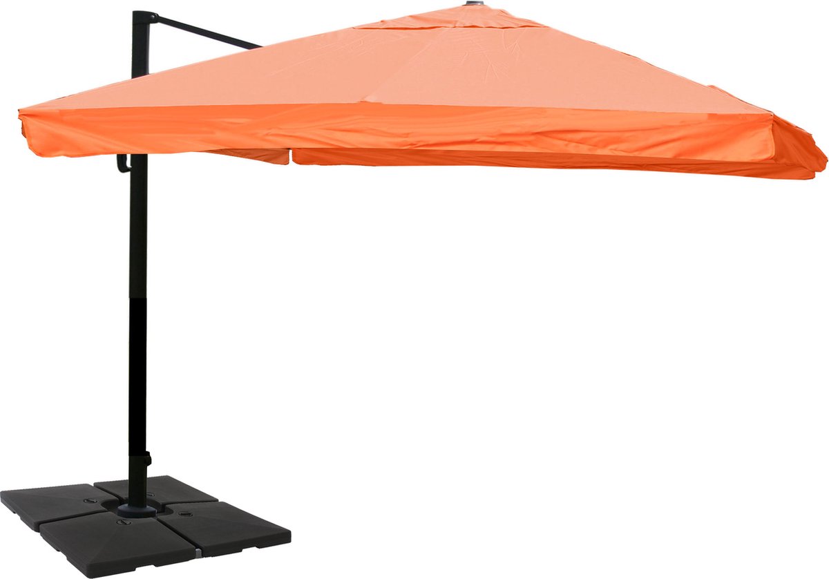 Zweefparasol MCW-A96, 3,5x3,5m (Ø4,95m) polyester/aluminium 25kg ~ Flap, terracotta met standaard, draaibaar (4057651221946)
