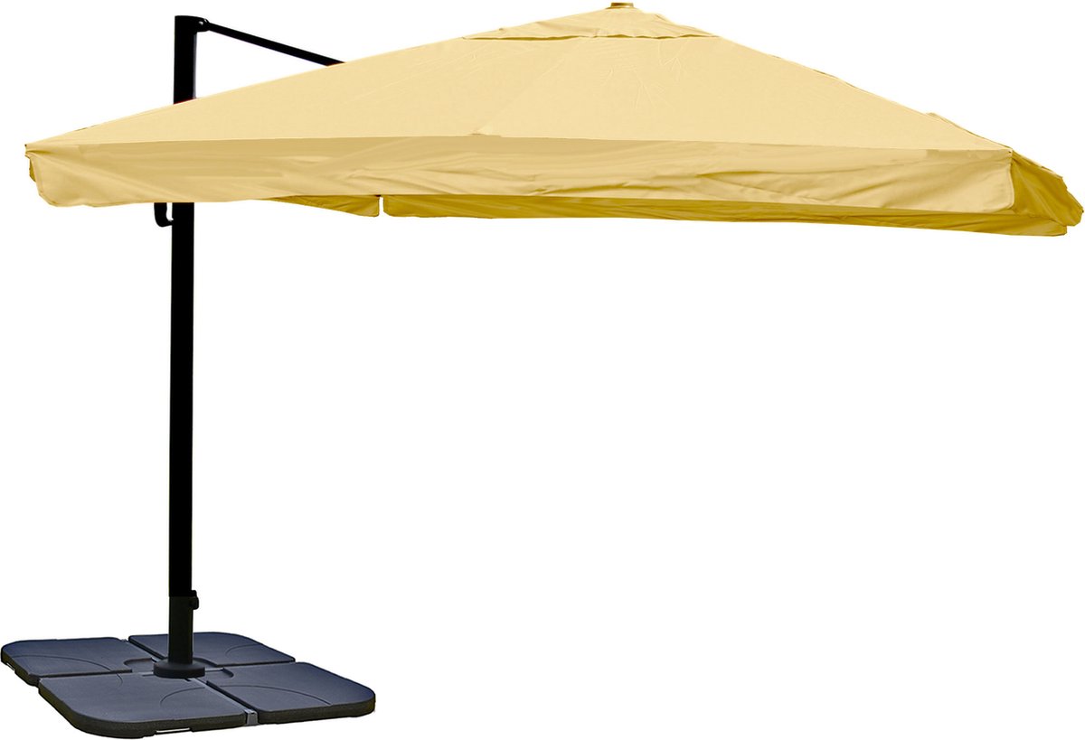 Zweefparasol MCW-A96, horeca, 3x3m (Ø4,24m) polyester aluminium/staal 23kg ~ Flap, crème met voet, draaibaar (4057651221502)
