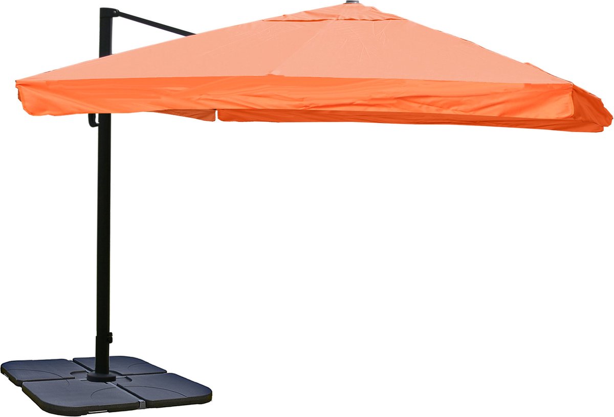 Zweefparasol MCW-A96, horeca, 3x3m (Ø4,24m) polyester aluminium/staal 23kg ~ Flap, terracotta met voet (4057651221571)