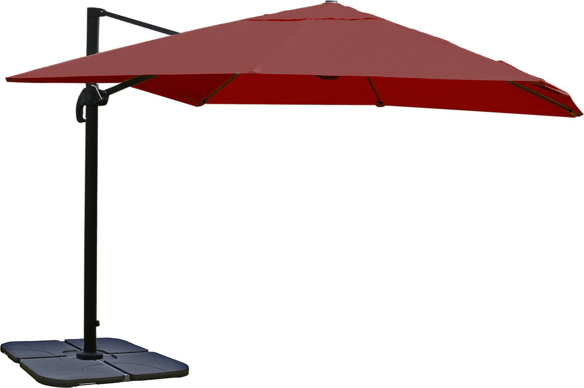 Zweefparasol MCW-A96, parasol 3x3m (Ø4.24m) polyester aluminium/staal 23kg ~ bordeaux met voet (4057651221229)