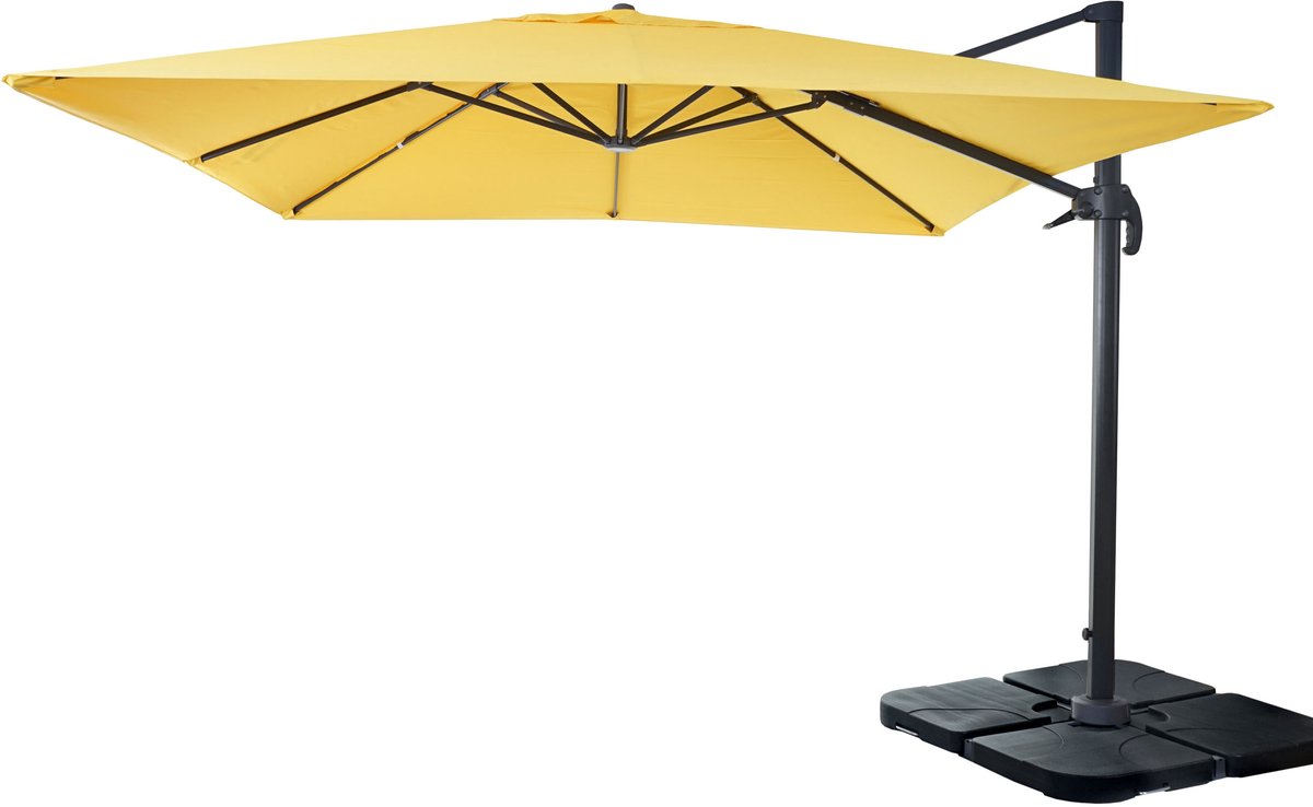 Zweefparasol MCW-A96, parasol 3x3m (Ø4.24m) polyester aluminium/staal 23kg ~ geel met standaard, draaibaar (4057651223087)