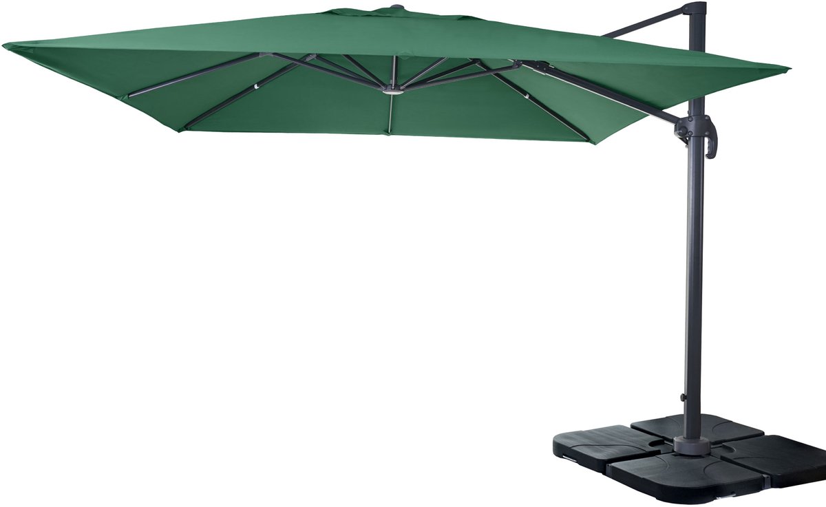 Zweefparasol MCW-A96, parasol 3x3m (Ø4,24m) polyester aluminium/staal 23kg ~ donkergroen met voet (4057651223148)