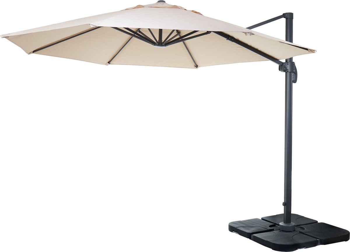 Zweefparasol MCW-A96, parasol, rond Ø 3m polyester aluminium/staal 23kg ~ crème met voet, draaibaar (4057651222455)