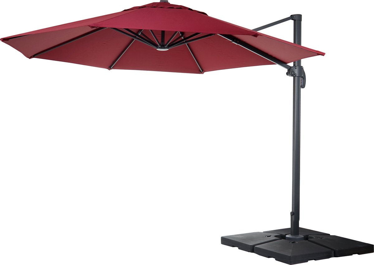 Zweefparasol MCW-A96, parasol, rond Ø 4m polyester aluminium/staal 27kg ~ bordeaux met voet (4057651222646)