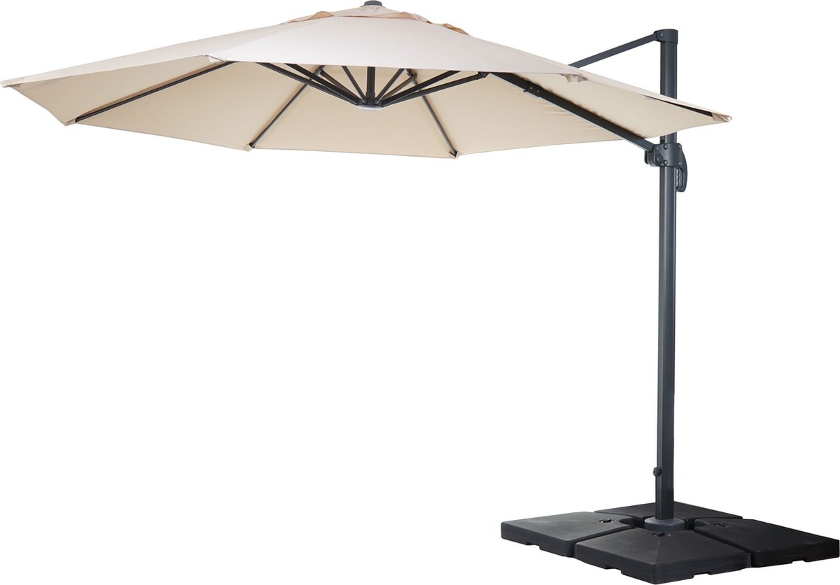 Zweefparasol MCW-A96, parasol, rond Ø 4m polyester aluminium/staal 27kg ~ crème met voet, draaibaar (4057651222615)