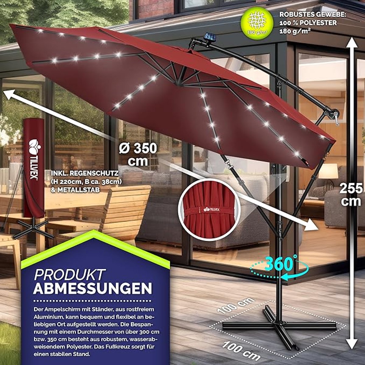 Zweefparasol Ø 300 cm LED Verlichting Solar - Kantelbare Ampelschirm Tuinparasol met 32 LED Lampen, Aluminium Frame, UPF50+ UV-bescherming, Waterafstotend - Mobili Bella (9505551168946)