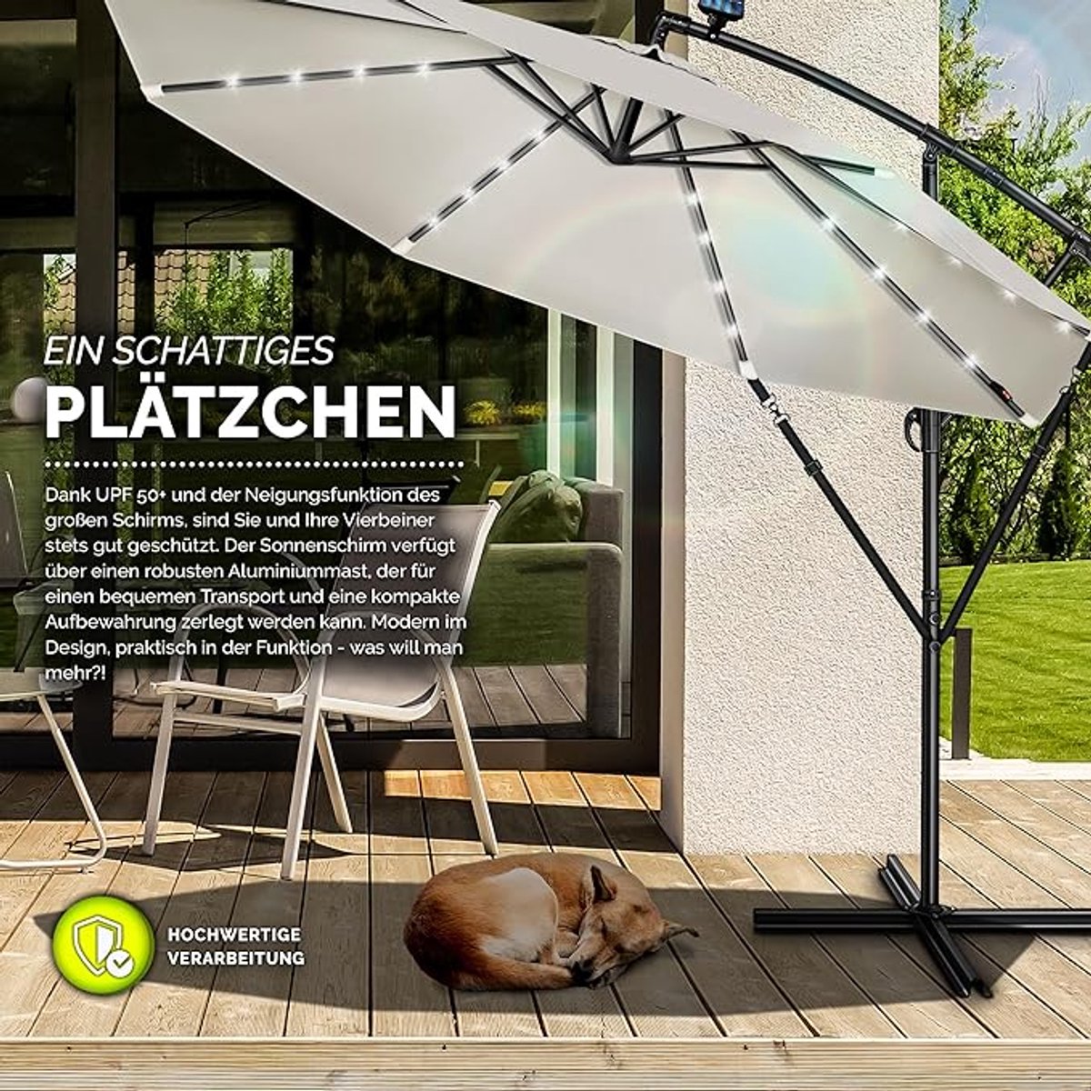 Zweefparasol Ø 300 cm met LED Solar Verlichting, Kantelbaar Aluminium Frame, UV50+ Waterafstotend, Handmatige Kruklift en Inclusief Voet - Tuinparasol met 32 LED Lampen voor Terras en Tuin - Mobili Bella (9503287659332)