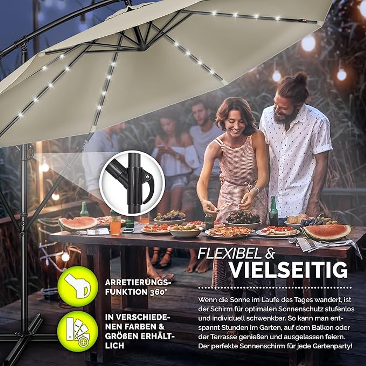 Zweefparasol Ø 300 cm met LED Verlichting & Solar - Kantelbaar - Aluminium Frame - UV50+ Waterafstotend - Inclusief Parasolvoet & Beschermhoes - Mobili Bella (9507158195332)