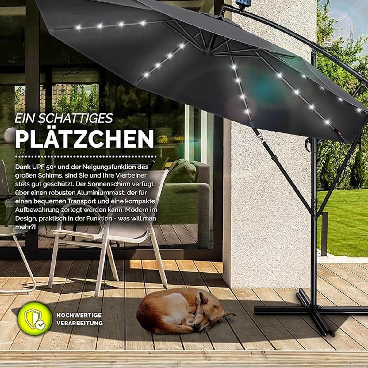 Zweefparasol Ø 300 cm met LED Verlichting & Solar Paneel - Kantelbaar - Aluminium Frame - UPF 50+ Waterafstotend - Inclusief Voet & Handslinger - Tuinparasol voor Balkon & Terras - Mobili Bella (9509317132691)