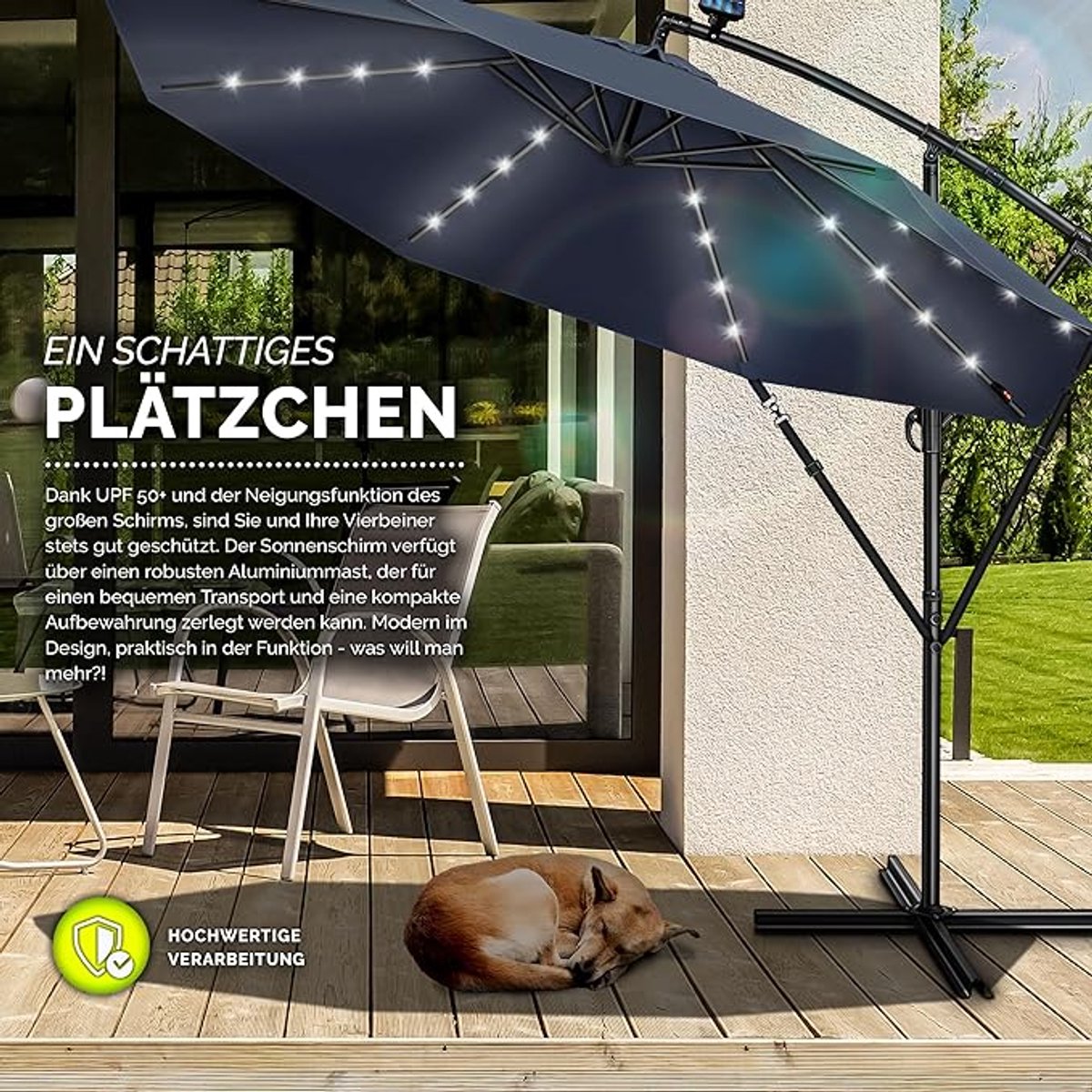 Zweefparasol Ø 300 cm met LED Verlichting & Solar Paneel - Kantelbaar - Aluminium Frame - UV50+ Waterafstotend - Inclusief Parasolvoet - Tuinparasol voor Balkon, Terras & Tuin - Mobili Bella (9509682613184)