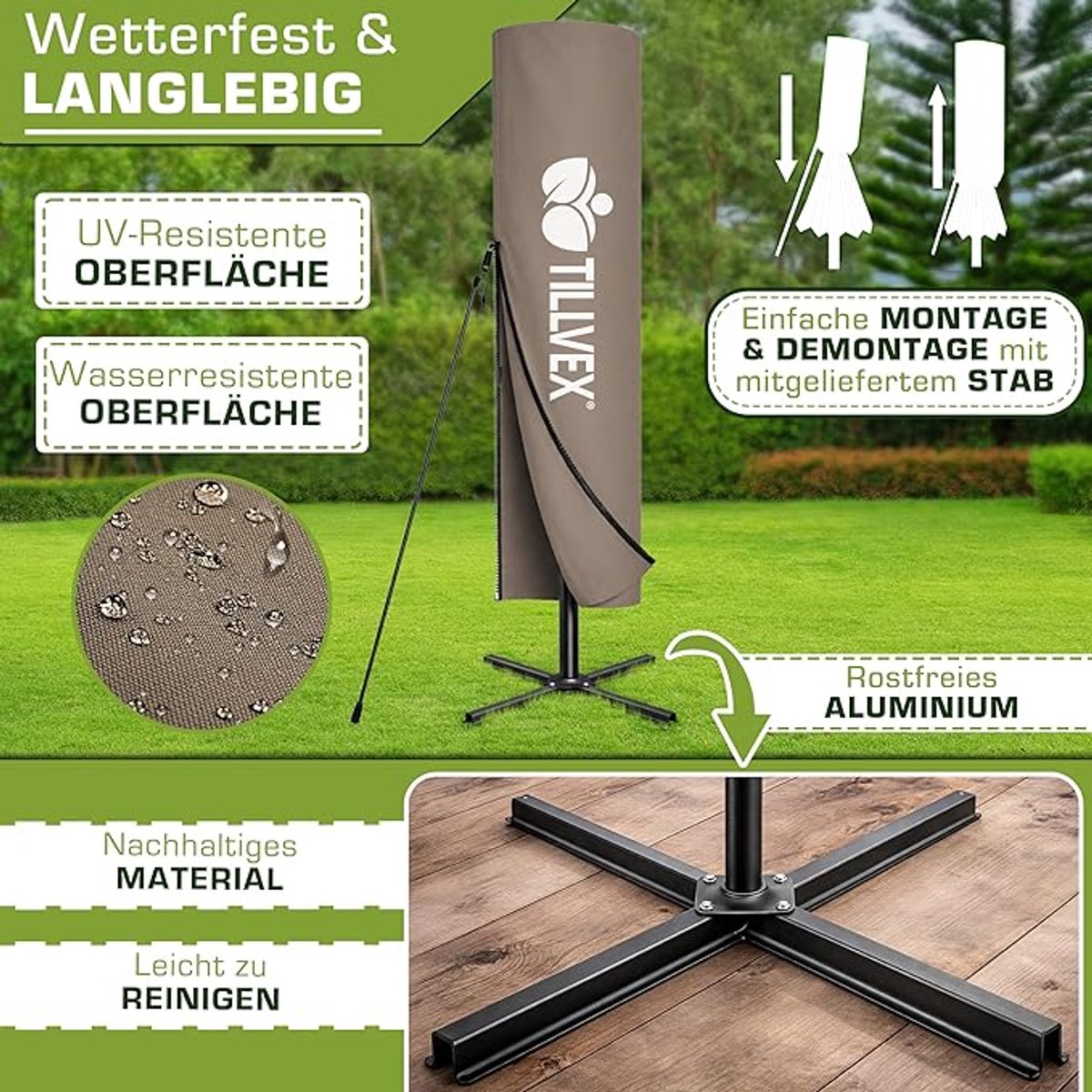 Zweefparasol Ø 300 cm met LED Verlichting & Zonnepaneel - Aluminium Tuinparasol met Standaard, UV50+ Bescherming, Kantelbaar met Zwenkarm & Windventilatie - Waterafstotend - Inclusief Beschermhoes - Nicolehome (9504786138892)