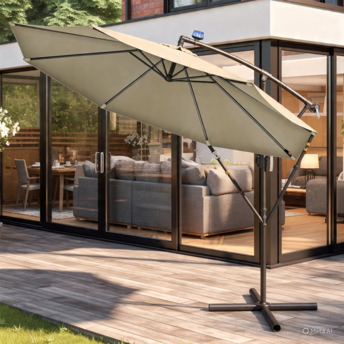 Zweefparasol Ø 300 cm met LED verlichting & Zonnepaneel - Kantelbaar, Aluminium Frame, Inclusief Voet & Beschermhoes - UV50+ Waterafstotend Tuinparasol - Nicolehome (9506743396673)