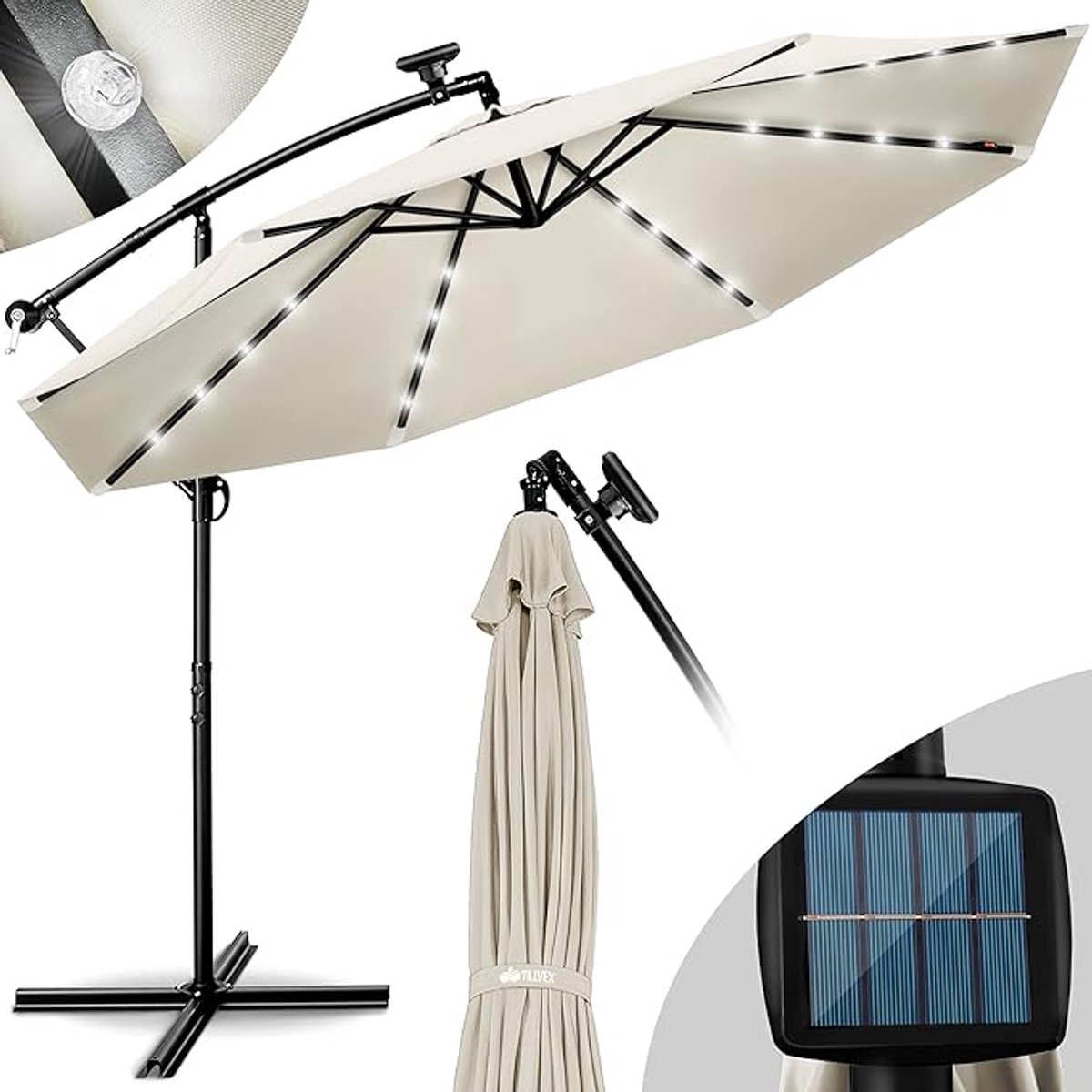 Zweefparasol Ø 300 cm met LED verlichting & zonnepaneel - Kantelbaar, Aluminium, Inclusief Voet & Beschermhoes, UV50+ Waterafstotend Tuinparasol - Nicolehome (9504275633181)