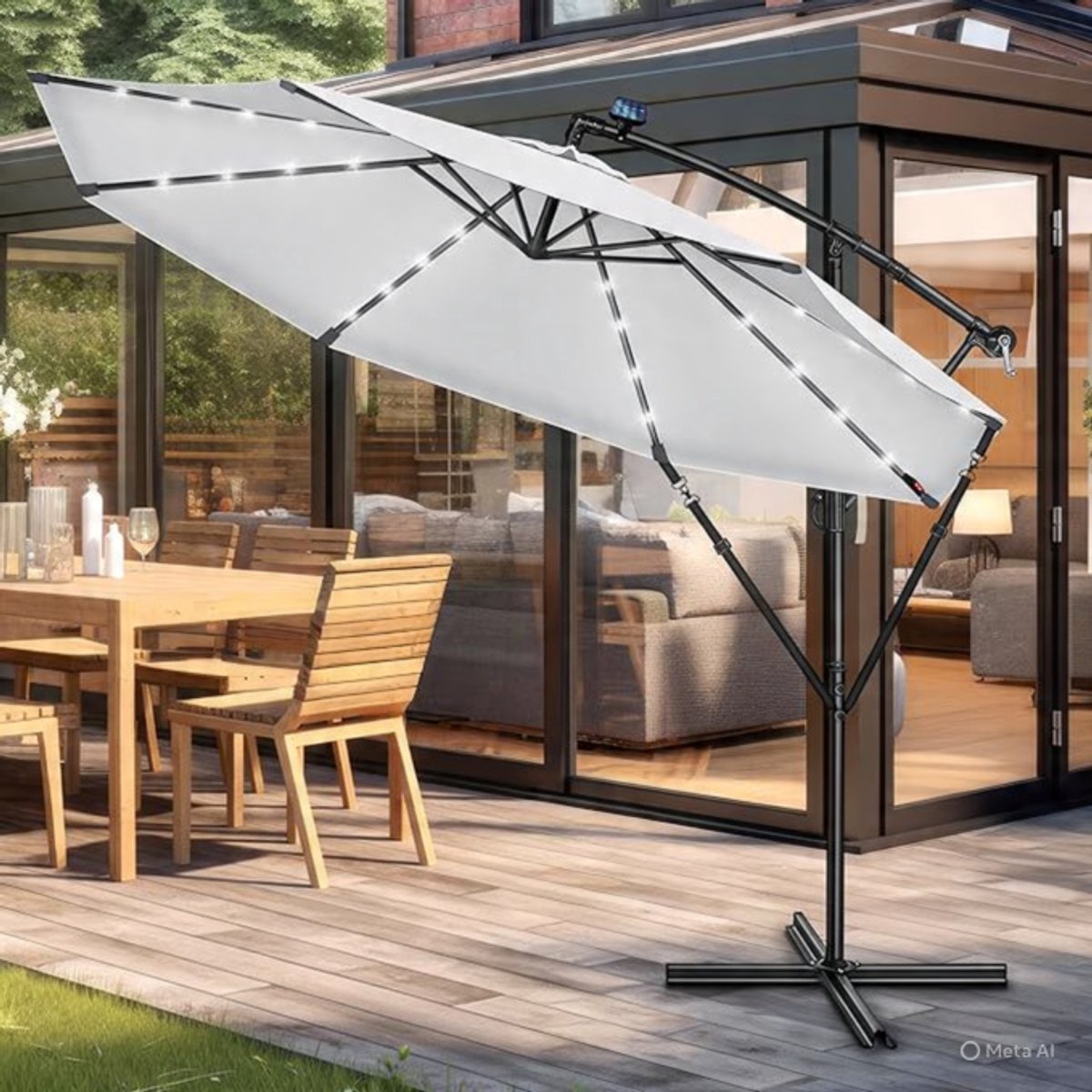 Zweefparasol Ø 300 cm met LED verlichting & zonnepaneel - Kantelbaar, Aluminium, UV50+, Inclusief Hoes & Kruisvoet - Tuinparasol, Balkon Parasol, Marktparasol - Nicolehome (9507227117586)