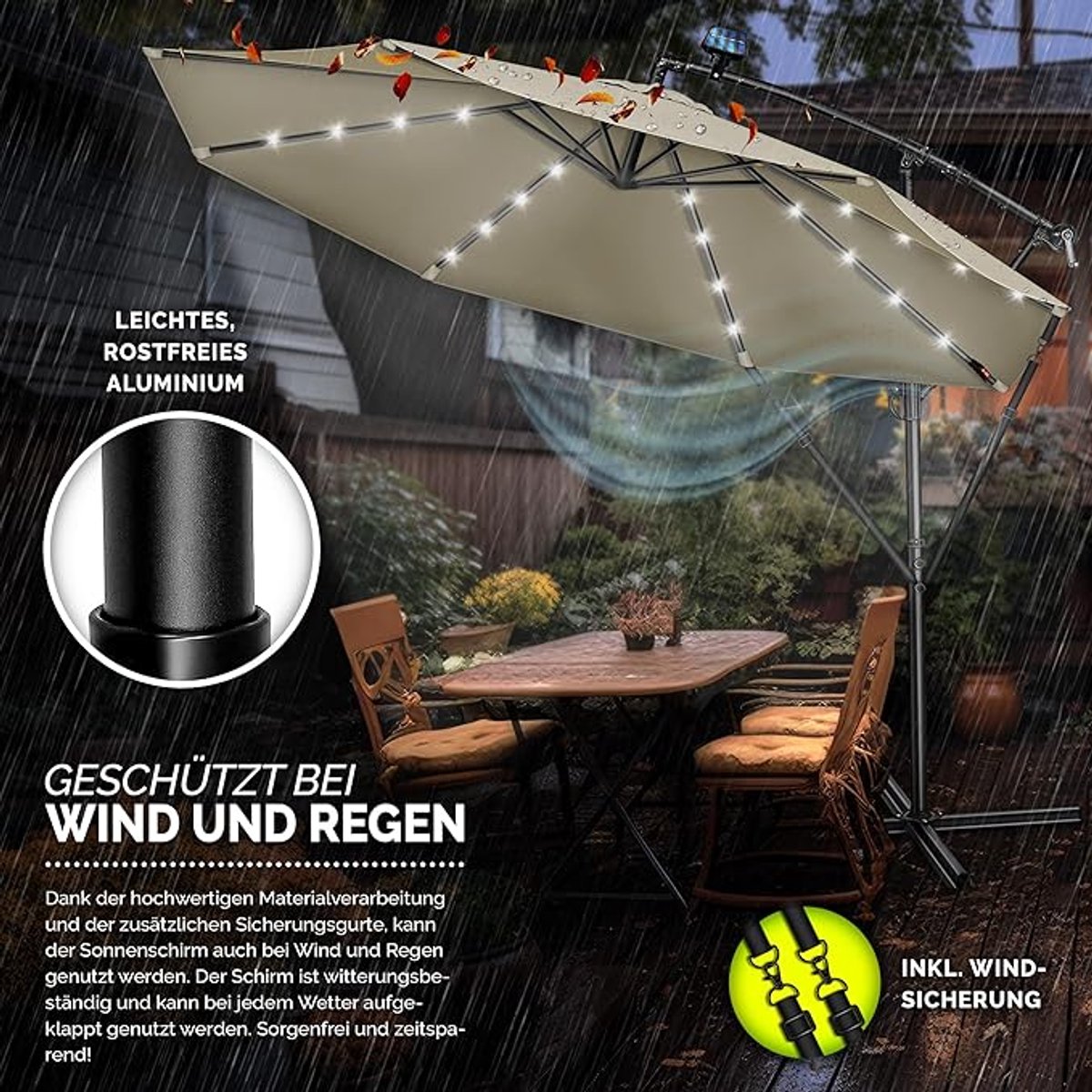 Zweefparasol Ø 350 cm met LED Verlichting & Solar Paneel - Kantelbaar - Aluminium Frame - Inclusief Voet & Beschermhoes - UV50+ Waterafstotend - Grote Luxe Tuinparasol voor Terras & Balkon - Mobili Bella (9504152715481)