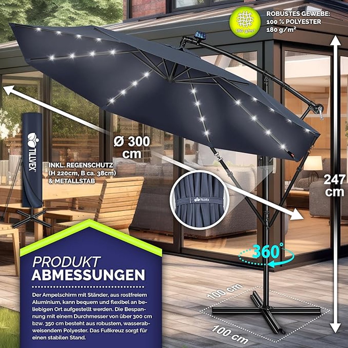 Zweefparasol Ø 350 cm met LED Verlichting & Solar Paneel - Kantelbaar - Aluminium Frame - UV50+ Waterafstotend - Inclusief Voet & Handslinger - Luxe Tuinparasol voor Balkon & Terras - Mobili Bella (9502366752933)