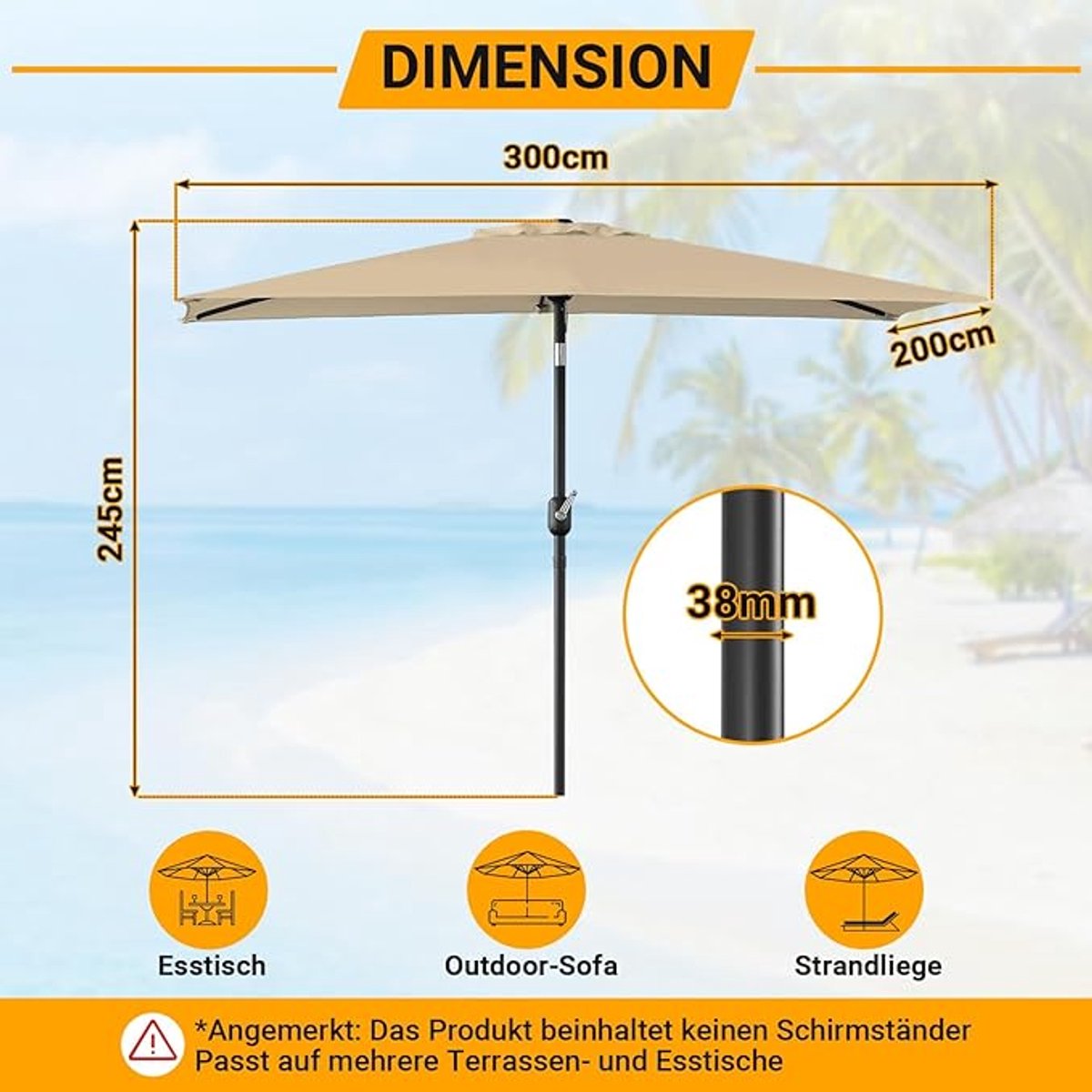 Zweefparasol Ø300 cm Aluminium Hangparasol met UV-bescherming, LED-verlichting op Zonne-energie, 8 Baleinen, Kantelbaar 120° - Parasol voor Balkon, Tuin, Terras, Strand en Camping - Afmetingen op a... (9503553934941)