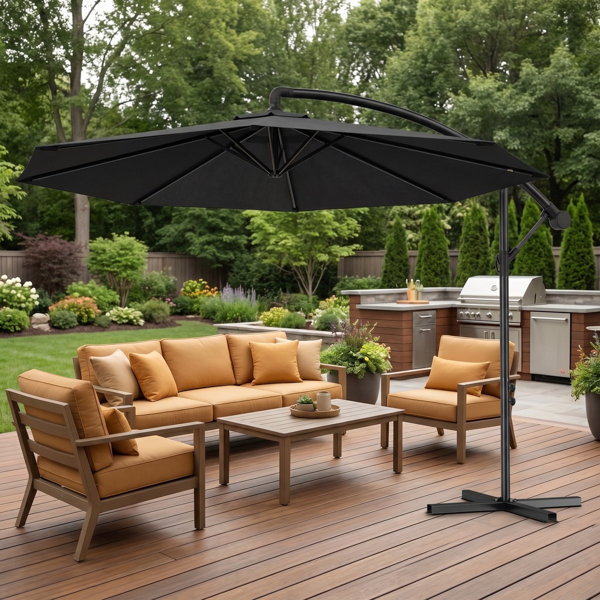 Zweefparasol Ø300 cm - Aluminium Parasol Kantelbaar 360° Draaibaar - Hangparasol met Kurbel UV-bestendig Waterafstotend - Tuinparasol Zonder Middenpaal - Donkergrijs (0758548725403)