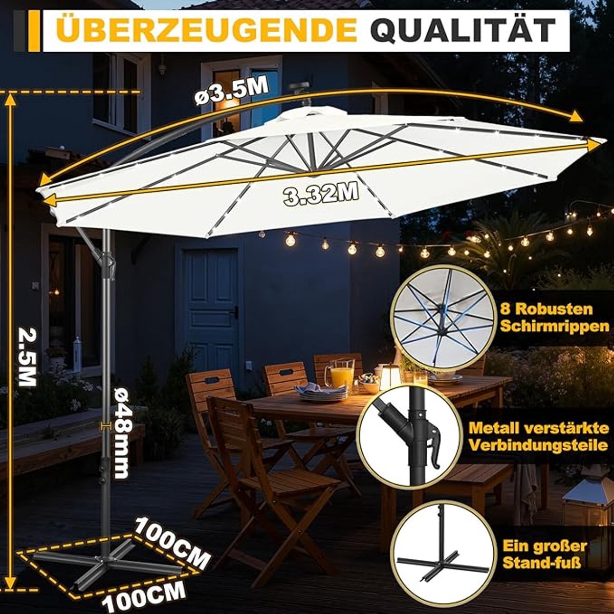 Zweefparasol Ø300 cm Hangparasol met UV-bescherming, LED-verlichting op Zonne-energie, 8 Baleinen, Kantelbaar 120° - Parasol voor Tuin, Balkon, Terras, Strand en Camping - Afmetingen op aanvraag - ... (9504877791494)
