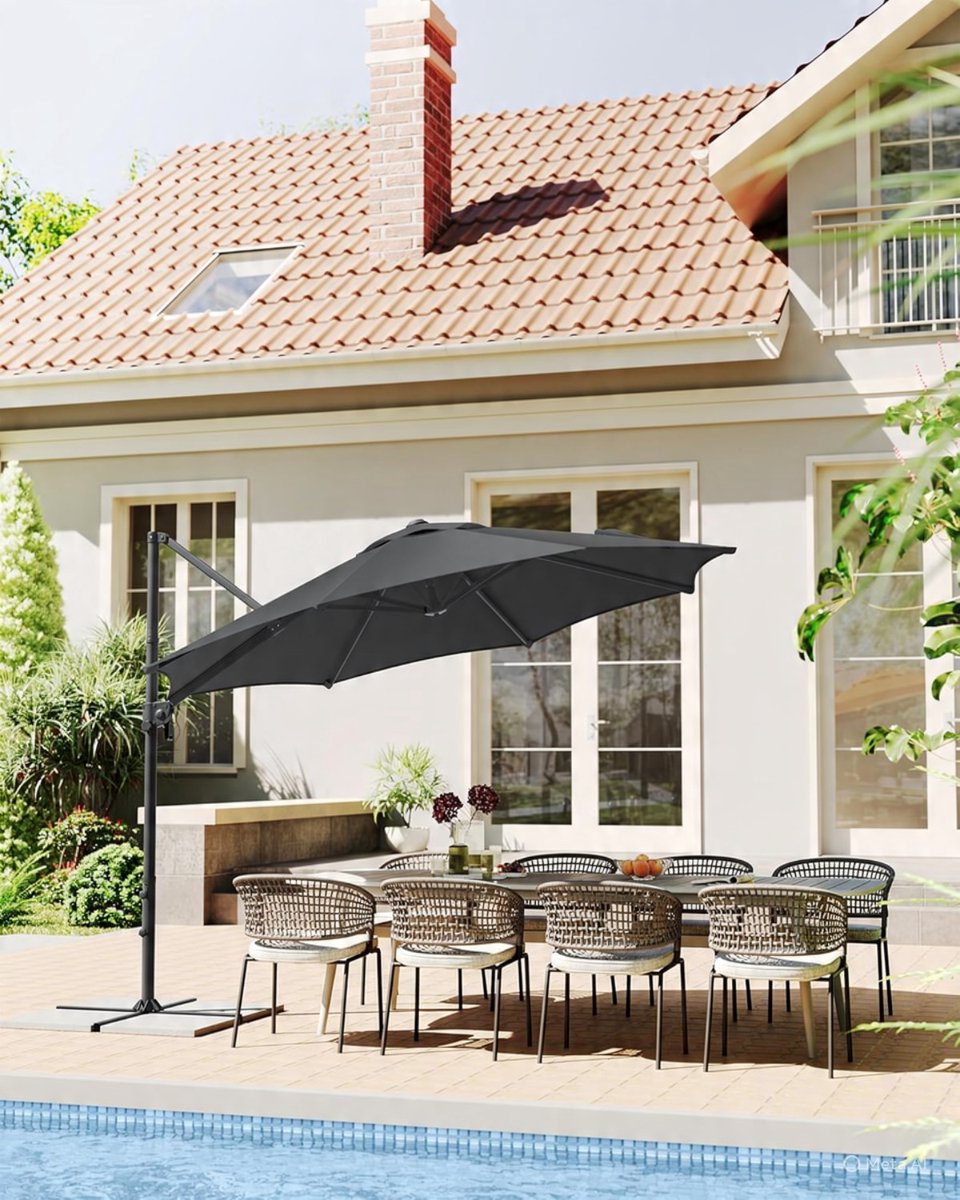 Zweefparasol Ø300 cm Rond - 360° Draaibaar & Traploos Kantelbaar - UPF 50+ UV-Bescherming - Inclusief Kruisvoet & Zwenkmechanisme - Stalen Frame - Grijs - Nicolehome (9501398218776)