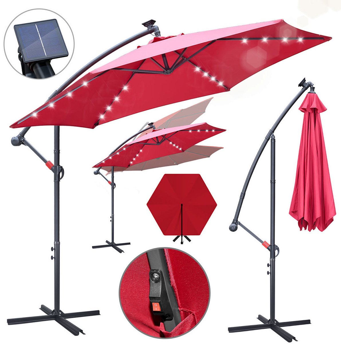Zweefparasol - Ø300 cm - Solar LED 24 - Incl. Kruisvoet 100x100 cm - UV 50+ (UPF) - Kantelbaar in meerdere standen - Waterdicht Polyester - Ventilatie - Handzwengel Rood (9360170876029)
