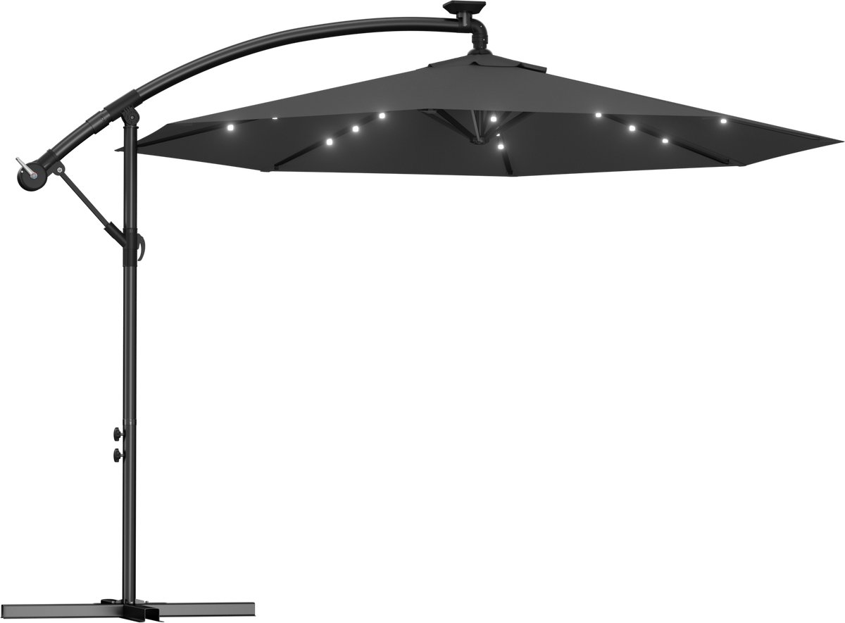 Zweefparasol Ø300 cm met LED Solar Verlichting - 32 LED Kantelbaar Draaibaar - Hangparasol Aluminium - UV-bestendig Waterafstotend - Tuinparasol Zonder Middenpaal - Donkergrijs (0758548725441)