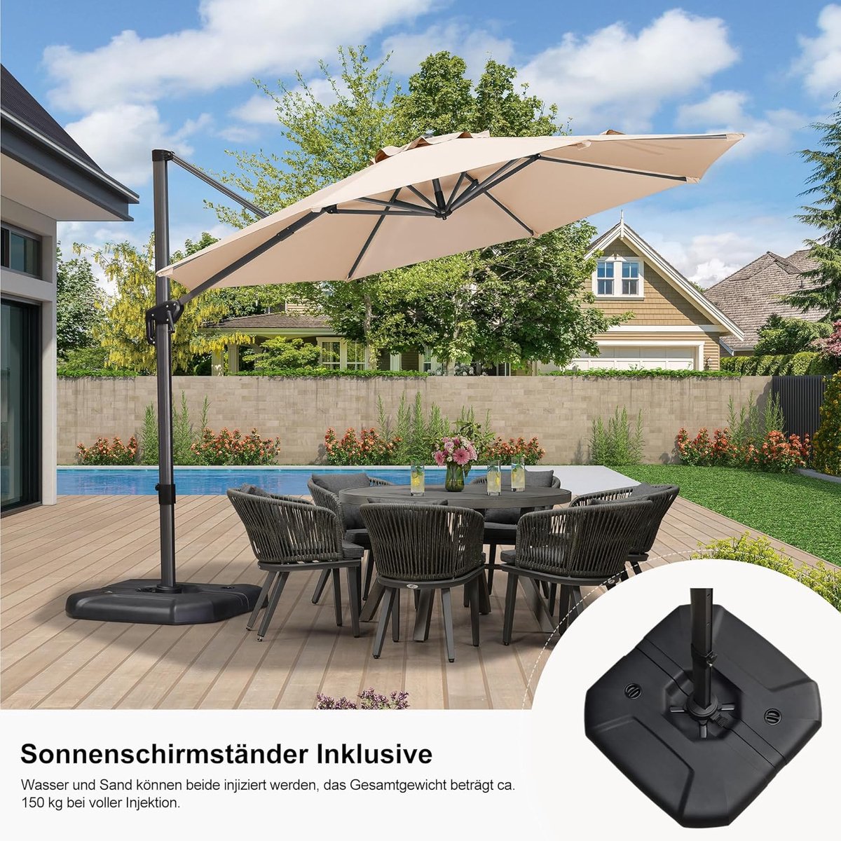 Zweefparasol Ø330 cm Rond - 360° Draaibaar, Kantelbaar, In Hoogte Verstelbaar, Inclusief Parasolvoet - UV50+ Waterafstotend Polyester, Aluminium Frame - Beige - Laura (9507687257365)