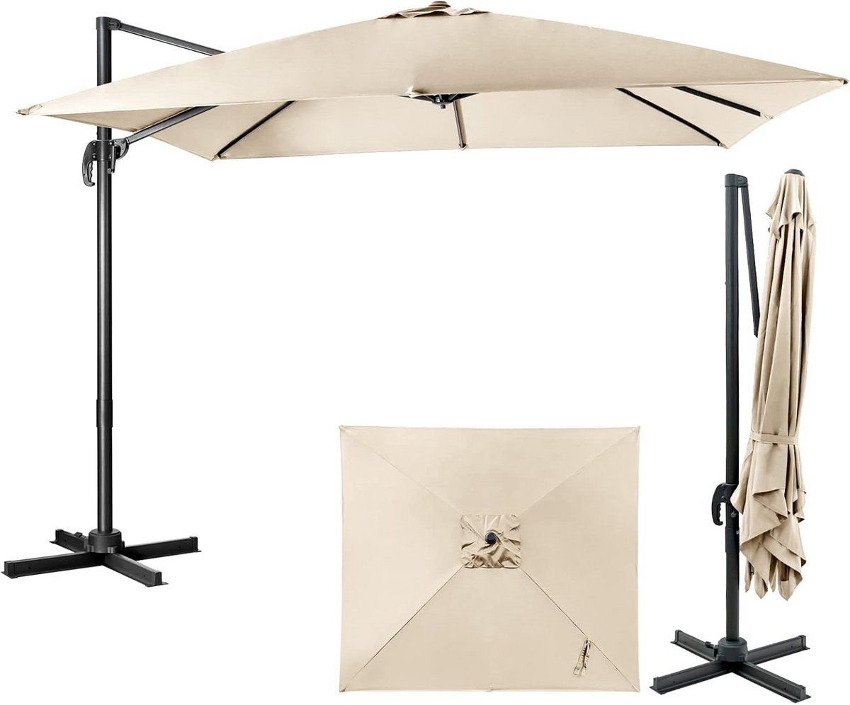 Zweefparasol Rechthoekig 300x300 cm Beige Inclusief Kruisvoet - Hoogte Verstelbaar (9101115866039)