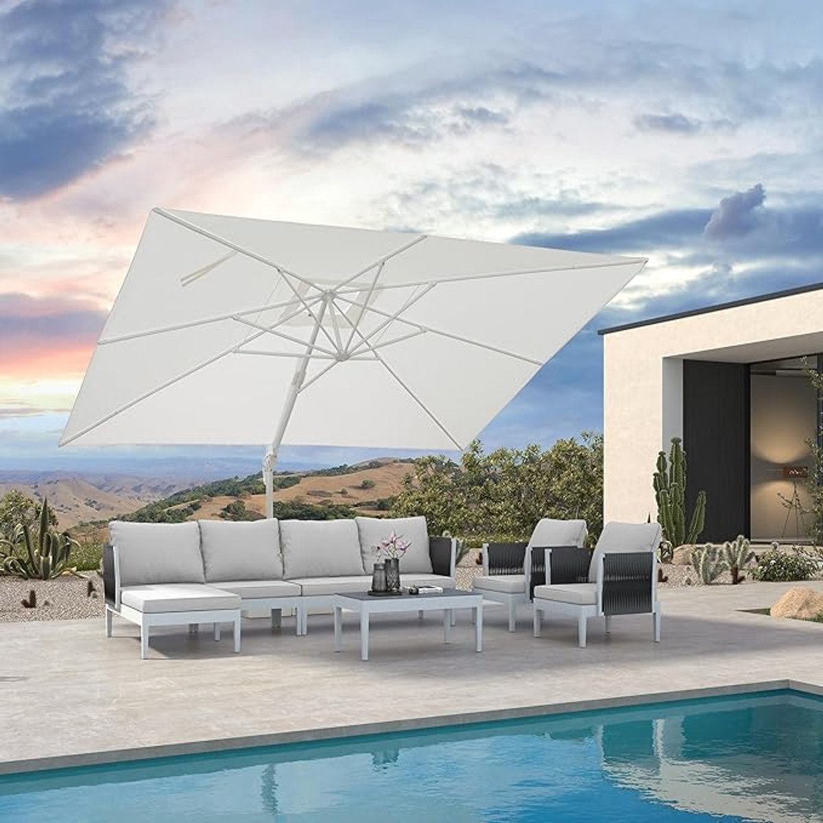Zweefparasol Rechthoekig 300x400 cm - 360° Draaibaar & Kantelbaar - UV50+ Bescherming - Waterafstotend Polyester - Aluminium Frame Wit - Luxe Grote Tuinparasol voor Terras & Balkon | Laura (9507231758461)