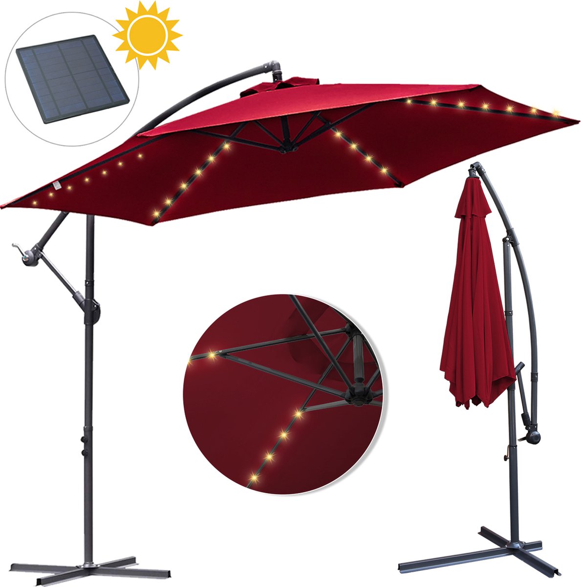 Zweefparasol - Strandparasols - Balkonparasols - Solar LED parasol Waterdicht - Parasol - Parasols - Ø 300cm - 3m - Tuinparasol - Zonne-energie - Rood- Draai- en Kantelbaar - 360° draaibaar - Duurzame Zweefparasol - Met voet (9784297942335)