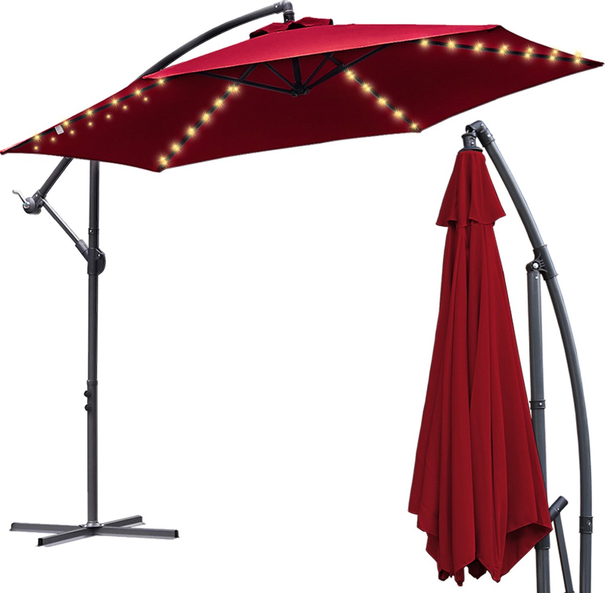 Zweefparasol - Strandparasols - Balkonparasols - Solar LED parasol Waterdicht - Parasol - Parasols - Ø 350cm - 3.5m - Tuinparasol - Zonne-energie - Rood- Draai- en Kantelbaar - 360° draaibaar - Duurzame Zweefparasol - Met voet (9784297942298)