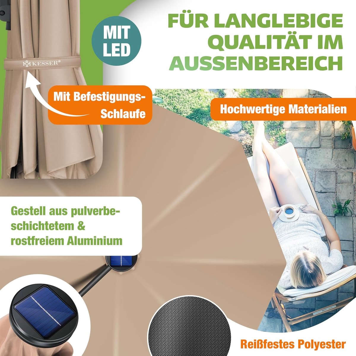 Zweefparasol Taupe Rond met 360° Rotatie & Kantelbare Aluminium Mast - Waterbestendig UV-beschermend Polyester, Handslinger, Windkabels & Beschermhoes - Ideaal voor Terras & Tuin - Mobili Bella (9508864967152)