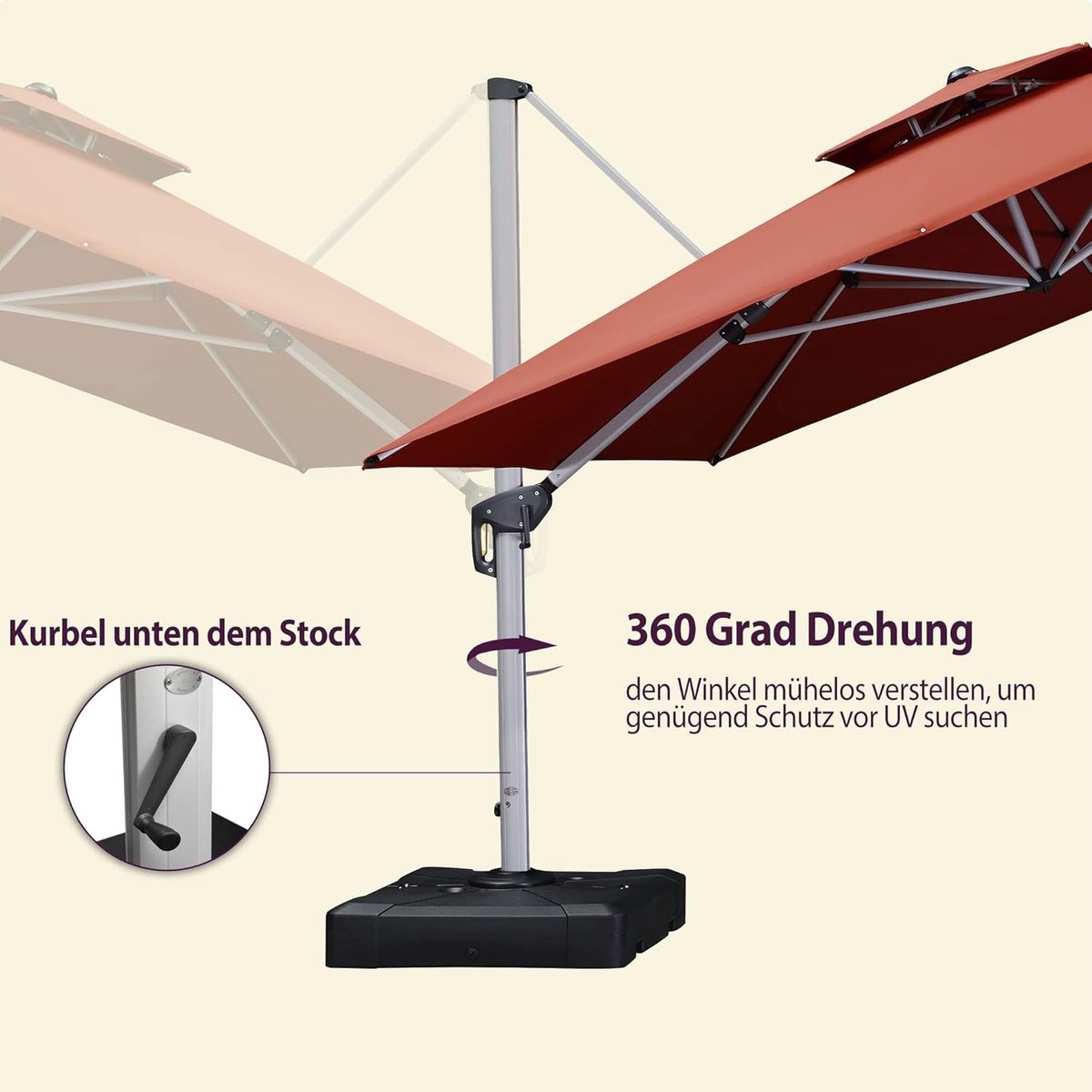 Zweefparasol Vierkant 365x365 cm - XXL Tuinparasol met 360° Draaibare Zwengel - UV50+ Bescherming & Waterafstotend Polyester - Aluminium Frame Bordeaux - Dubbel Dak voor Ventilatie | Laura (9501521829299)