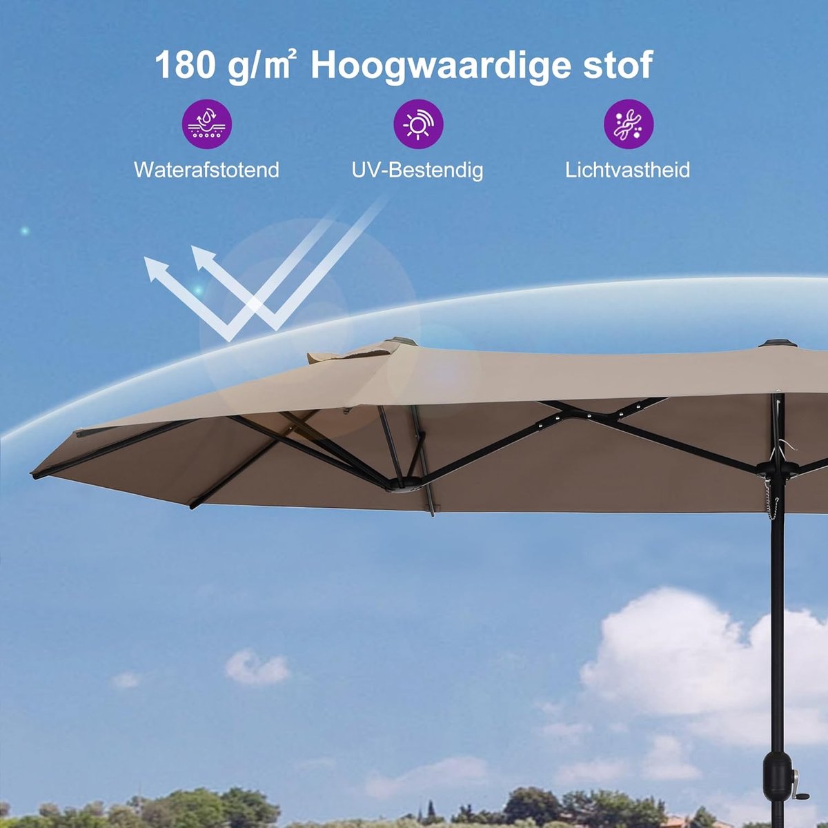 Zweefparasol XXL 455x270 cm Rechthoekig UV-bestendig Tuinparasol met Aluminium Frame, Slingermechanisme & 12 m² Schaduw - Taupe - Mobili Bella (9506339536872)
