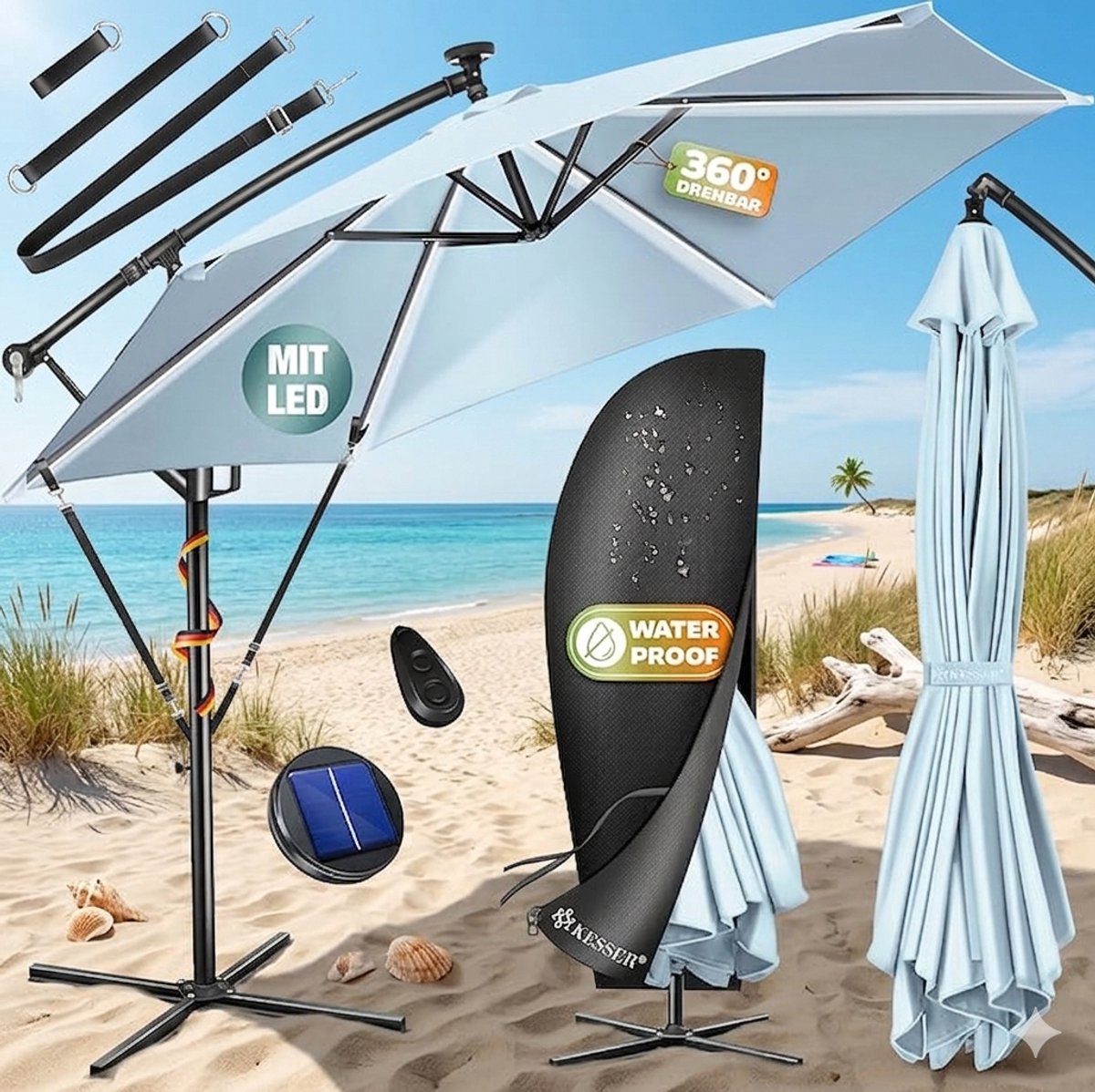 Zweefparasol met LED Solar 300x300 - 300x300 cm - 300x300 cm - 360° Draaibaar, - Medahomestore (9503489146821)