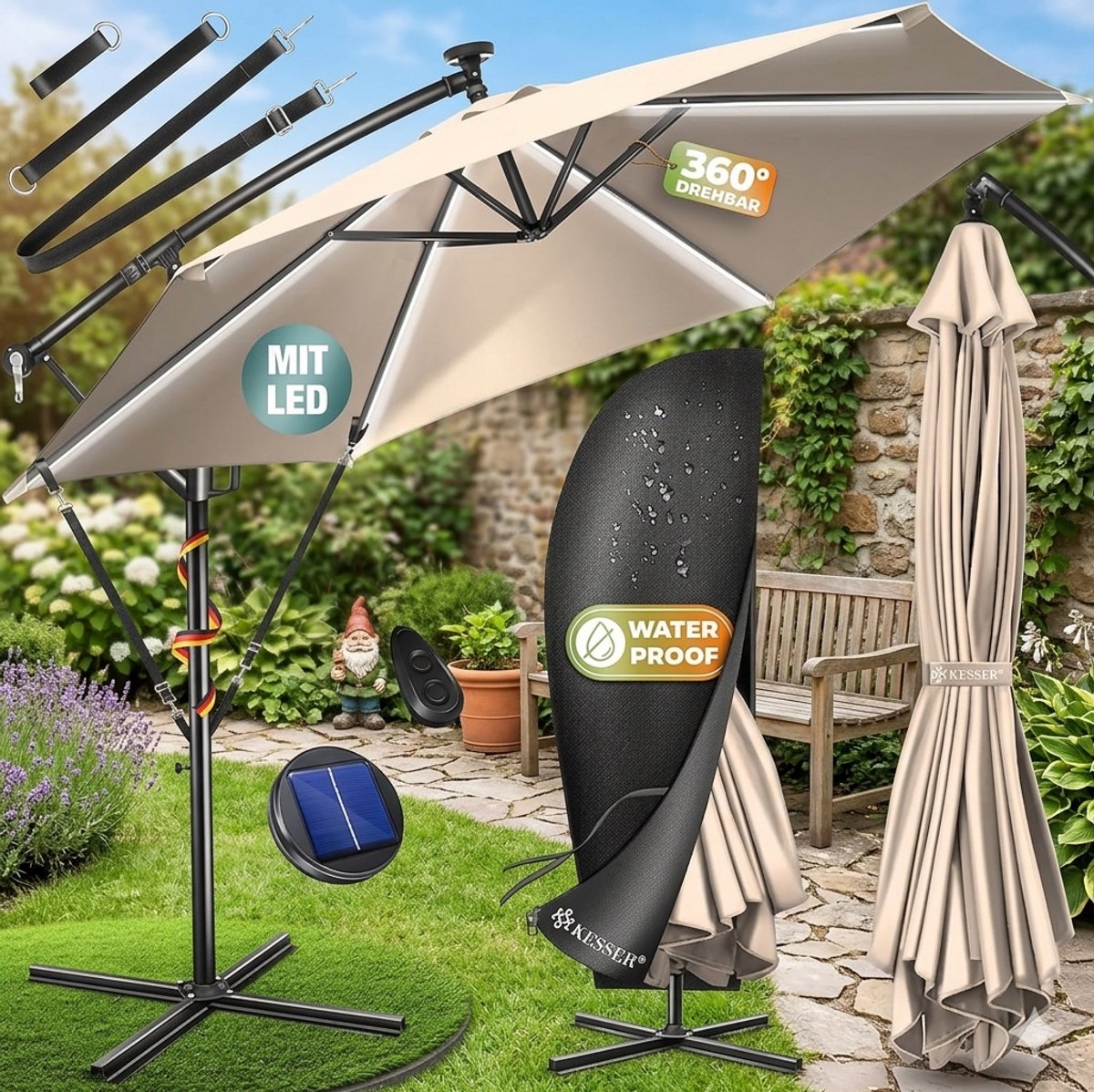 Zweefparasol met LED Solar 300x300 - 300x300 cm - Medahomestore (9509522757894)