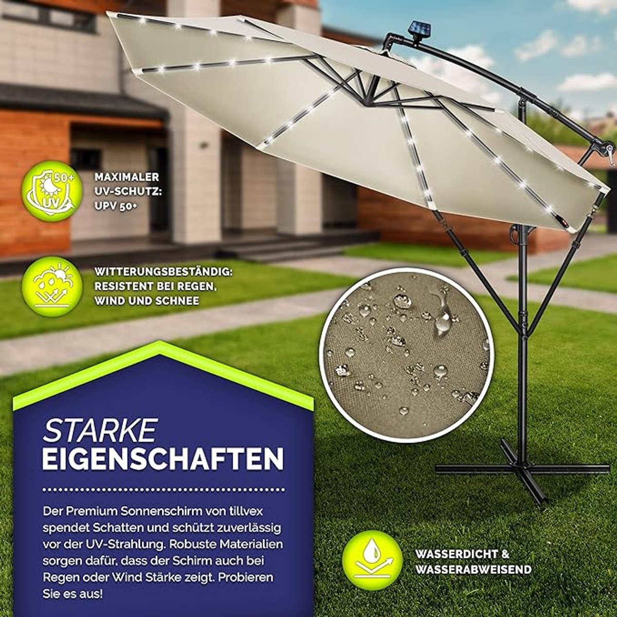 Zweefparasol met LED Verlichting Ø 300 cm - Solar Tuinparasol met Kantelfunctie, Aluminium Frame, UPF 50+ UV Bescherming, Inclusief Parasolvoet & Beschermhoes - Mobili Bella (9509713731832)