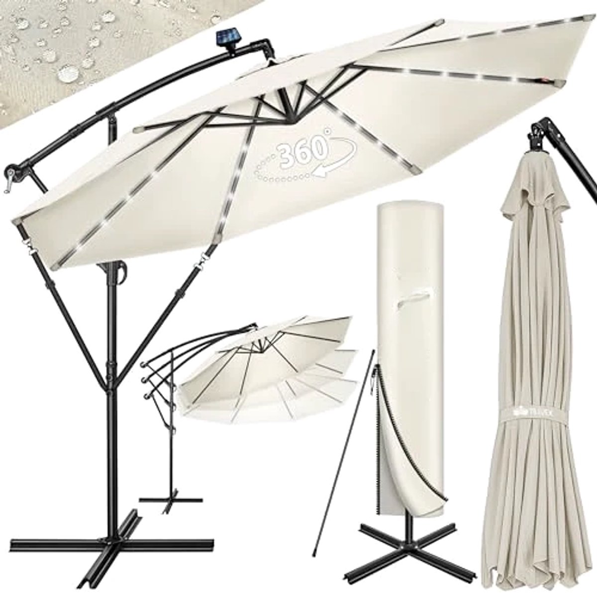 Zweefparasol met LED-verlichting en zonneklep - Ø 350 cm - Beige (8785349760984)