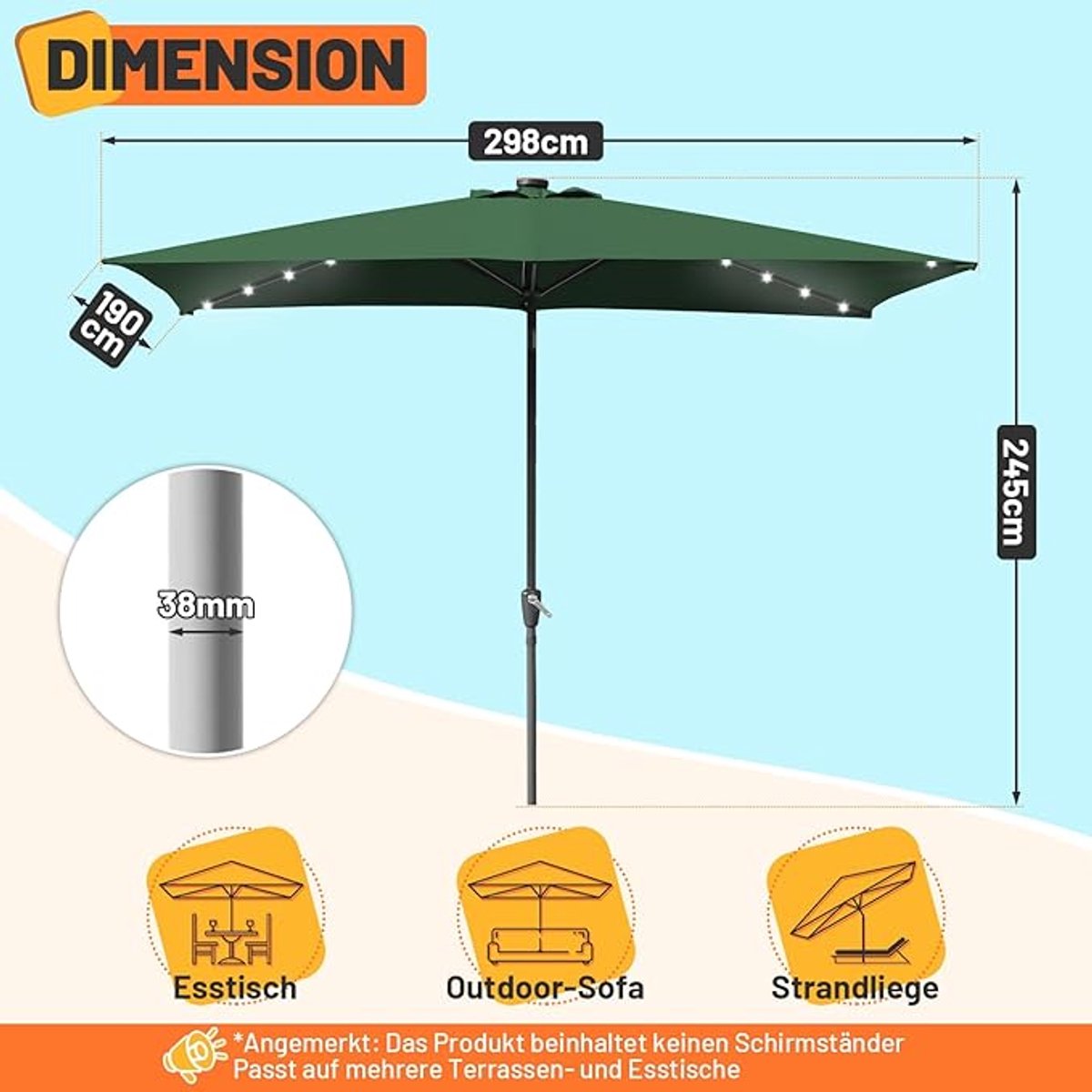 Zweefparasol met LED verlichting op zonne-energie - Bellavero 300 cm Achthoekige Hangparasol met 32 LED-lampjes, UPF 50+ Zonbescherming, Handmatige Kanteling, Inclusief Standaard voor Balkon, Terra... (9507589852514)