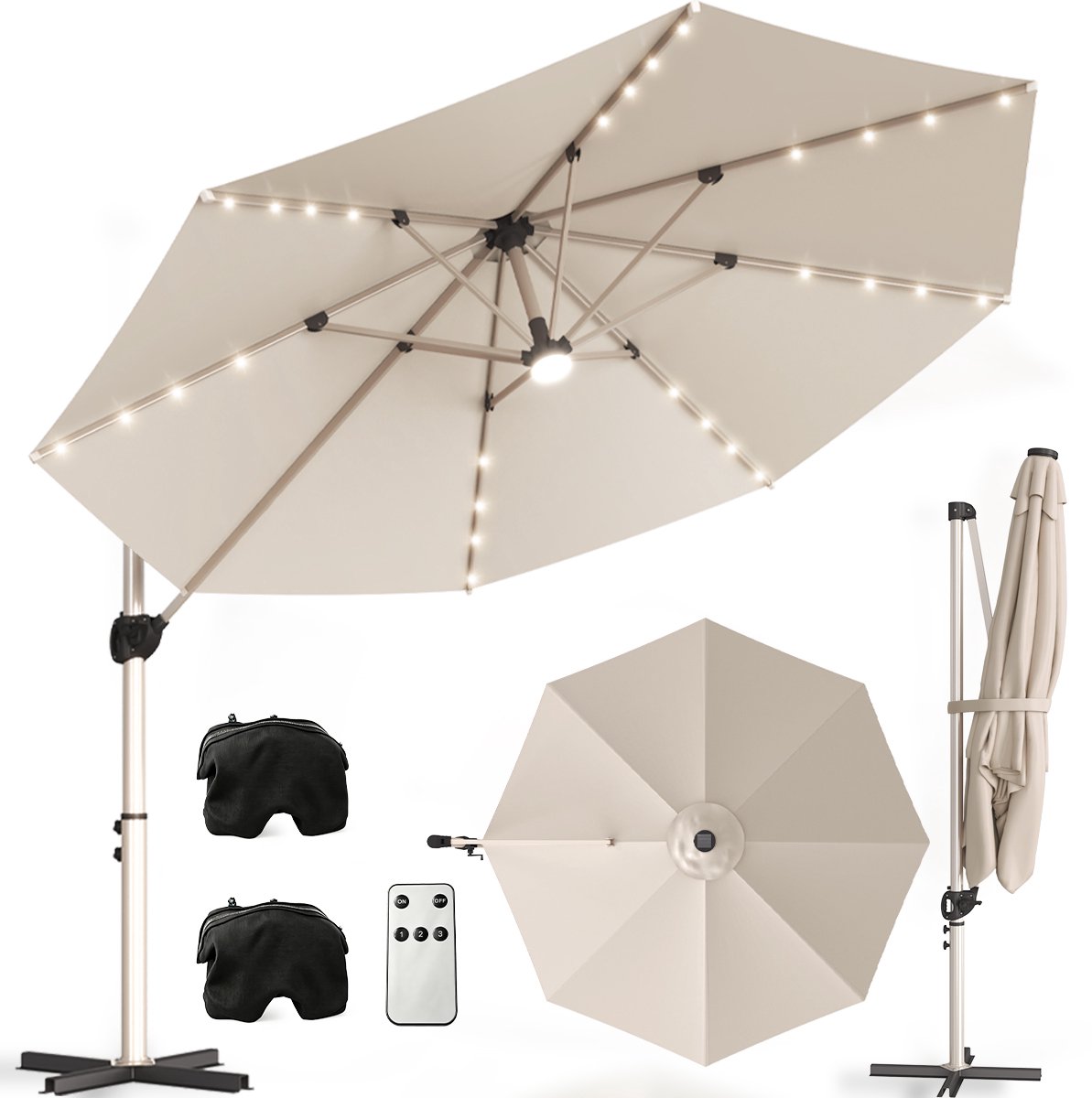 Zweefparasol met Voet 300 cm - Kantelbaar - Tuinparasol met LED-Verlichting op Zonne-Energie - Waterafstotend Polyester met UV-Bescherming - Kaki (8711727665343)