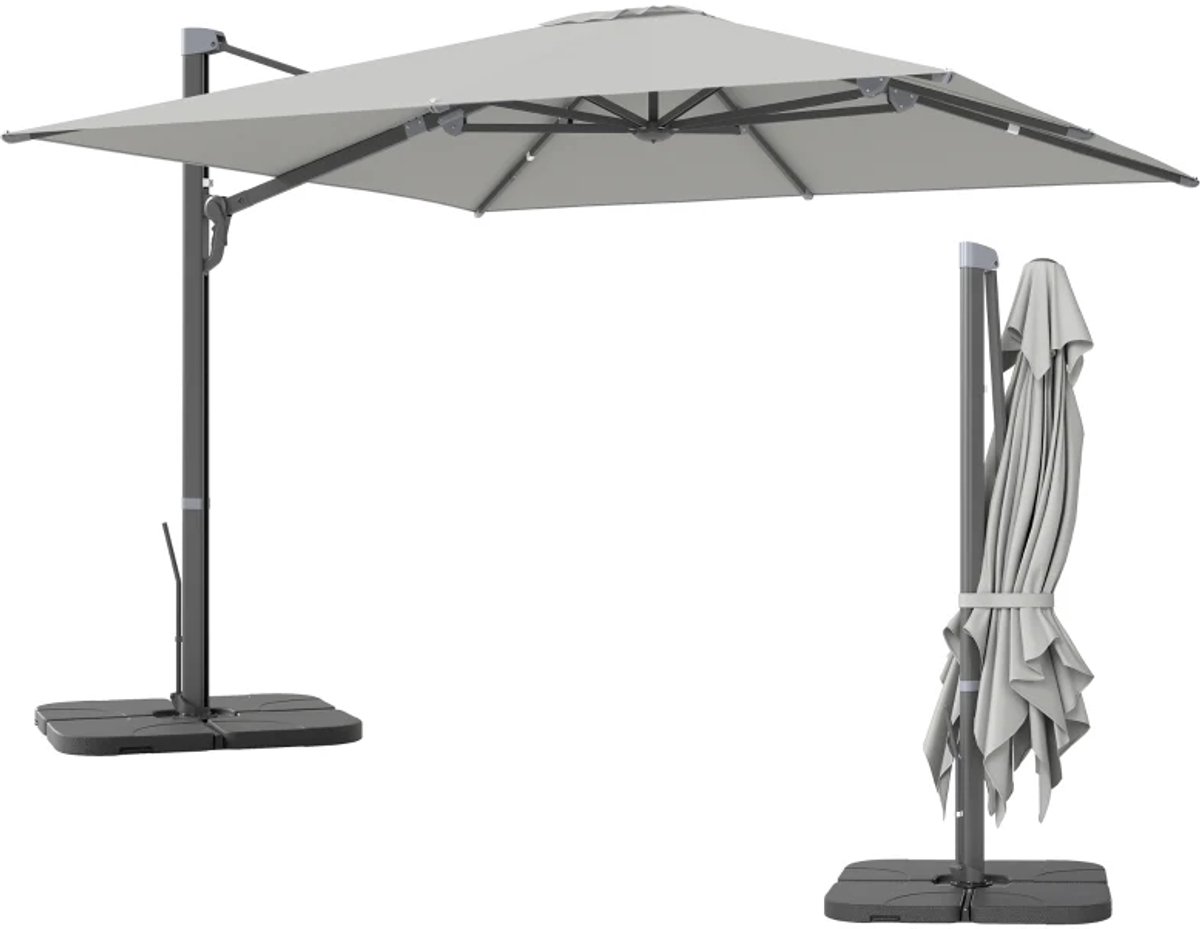 Zweefparasol met Voet - Ø 300 cm - Vierkant - Waterdicht - Kantelbaar - Verstelbare Hoogte - Grijs (8721264199669)