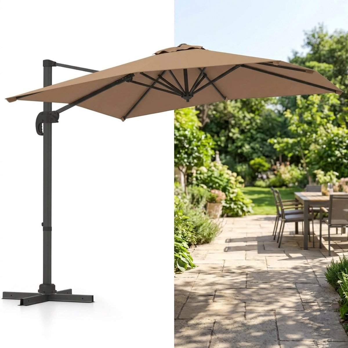Zweefparasol met Voet - Ø 360 cm - Waterdicht - Kantelbaar - Verstelbare Hoogte - Grijs (8721264199706)