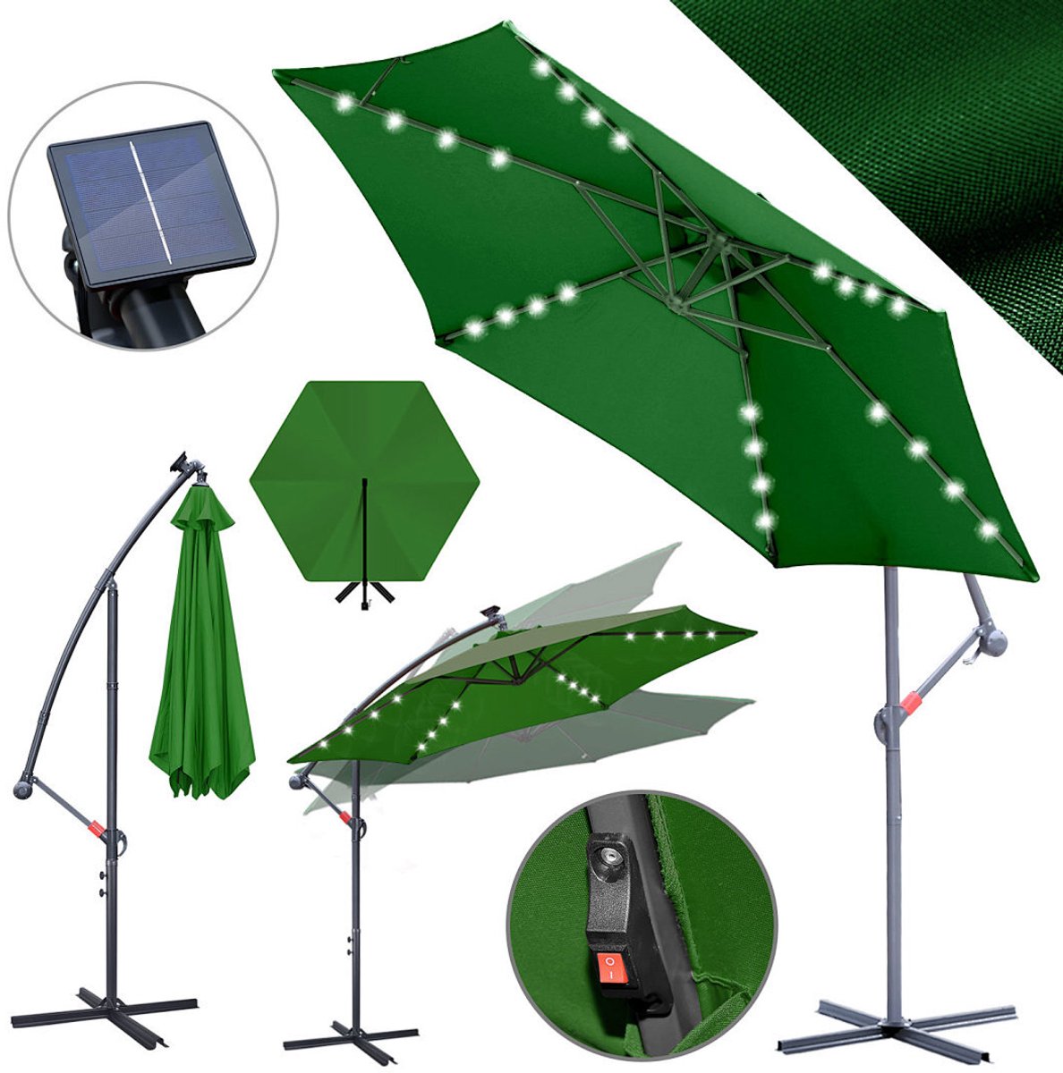 Zweefparasols - 300CM - Solar LED Verlichting 24x Wit - UV 50+ bescherming (98% UV blok) - Multi-angle Kantelbaar & Draaibaar - Stabiel IJzeren Frame 6 Ribben - Incl. Kruisvoet - Waterafstotend Groen (9360170876173)