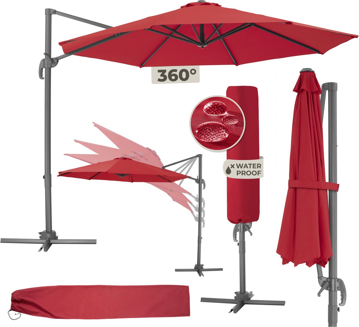 tectake® Grote Zweefparasol met Beschermhoes - Ø 300 cm - In Hoogte Verstelbaar - Opvouwbaar - met Voet en Zwengel - UV-bescherming 50+ - Tuinparasol - Parasol voor Terras of Balkon - Rood (4061173031358)