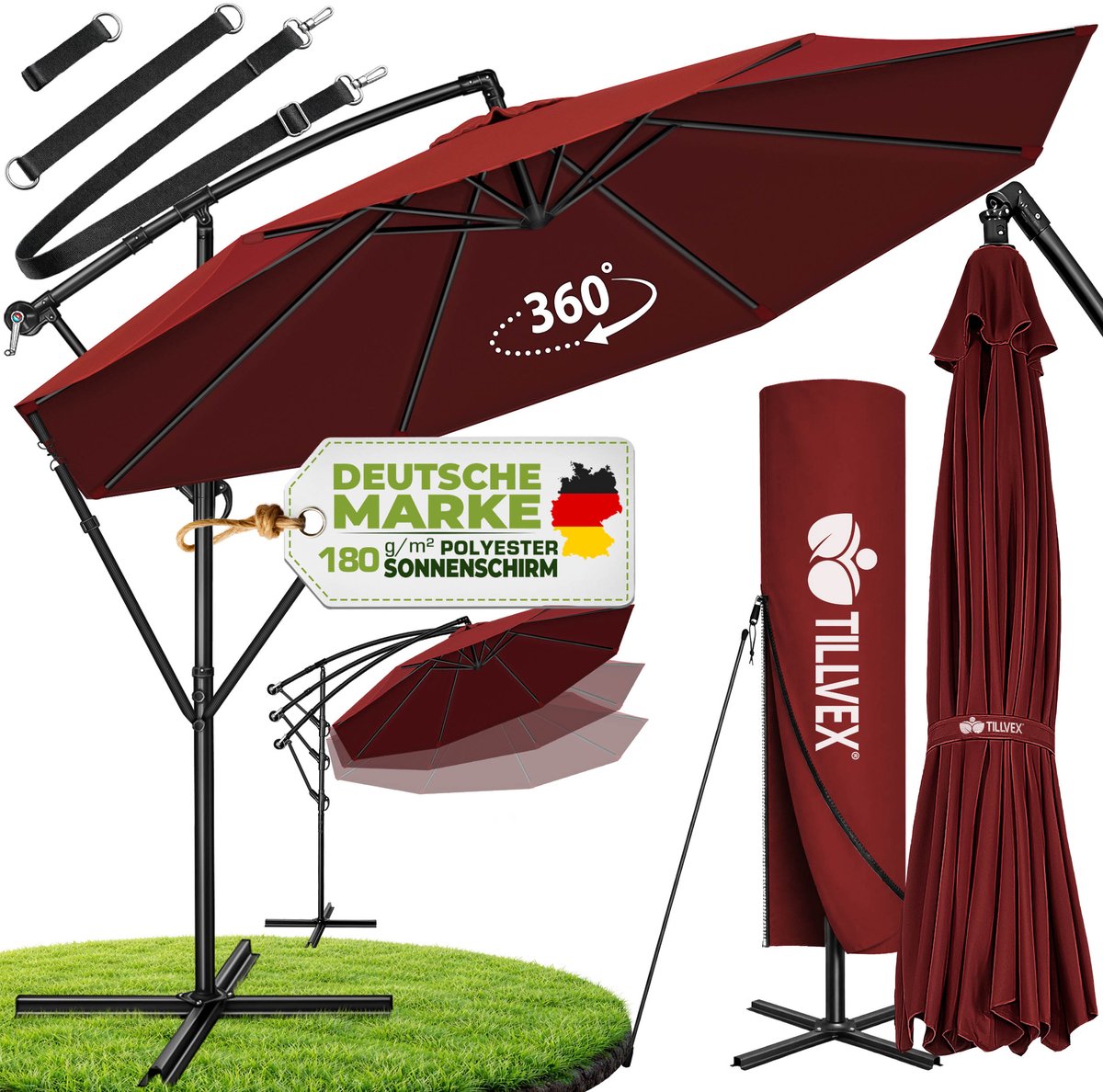 tillvex Parasol Ø 300 cm met zwengel + hoes + windbescherming | Zweefparasol met standaard | Tuinscherm UV-bescherming | Aluminium Zonnescherm | Waterdicht Marktscherm (4260613493071)